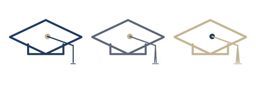 Three graduation caps representing Steven's BA, MA, and PhD degrees from UNC-Chapel Hill, shown with one, two, and three tassels respectively.