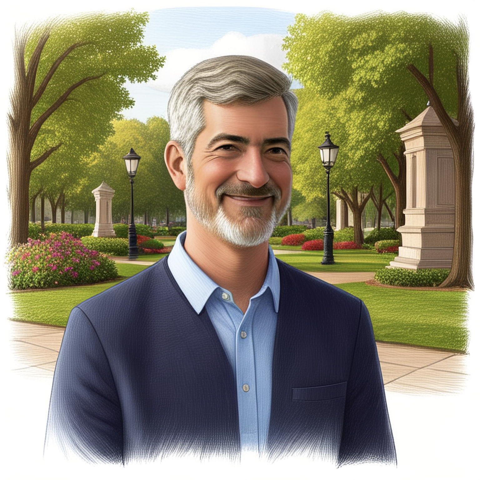 A smiling super handsome professor with gray hair and a trimmed beard, dressed in a blue shirt and dark blazer, standing outdoors on a campus with trees, street lamps, flowers, and historical structures in the background.