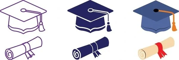 Three variations of a graduation cap and diploma icon, including outline, filled, and colored versions.