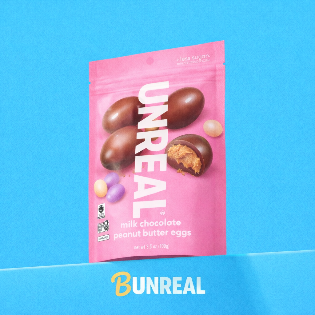 UNREAL — BUnreal — A playful twist on Easter candy that makes the product and the punchline the same thing.

UNREAL is about reimagining familiar treats with better ingredients. This concept leans into that idea with a simple visual pun—“BUnreal”—tur