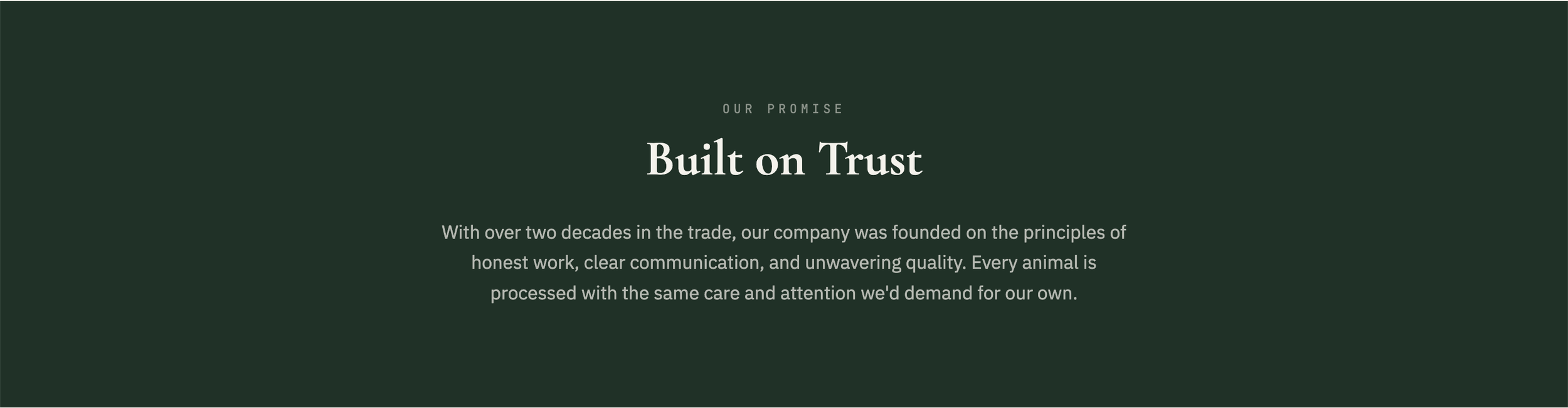 Company mission statement on green background emphasizing trust, honesty, clear communication, and quality.