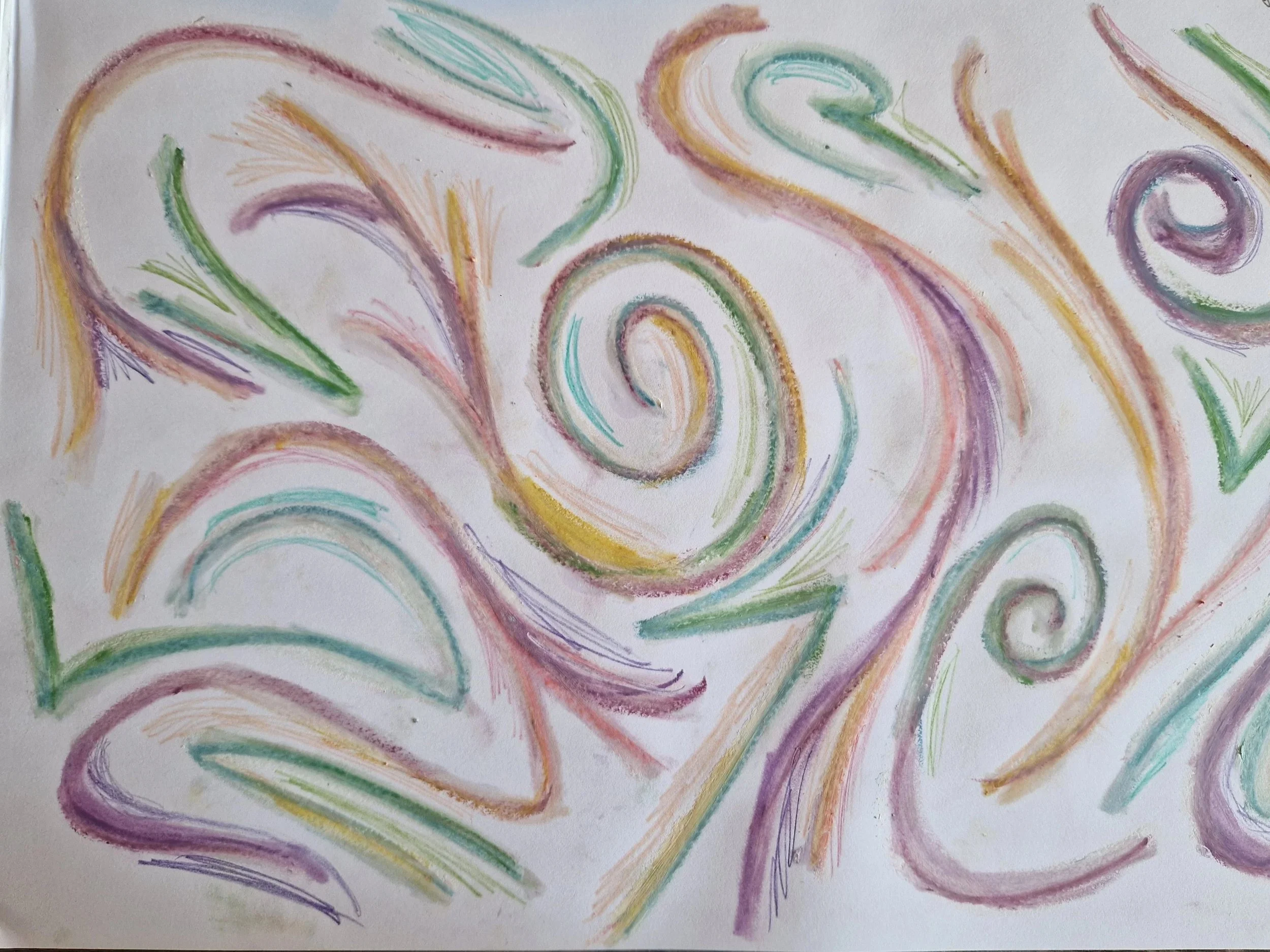 Colorful abstract drawing of swirling lines and shapes in pastel colors like pink, purple, green, yellow, and blue on white paper.