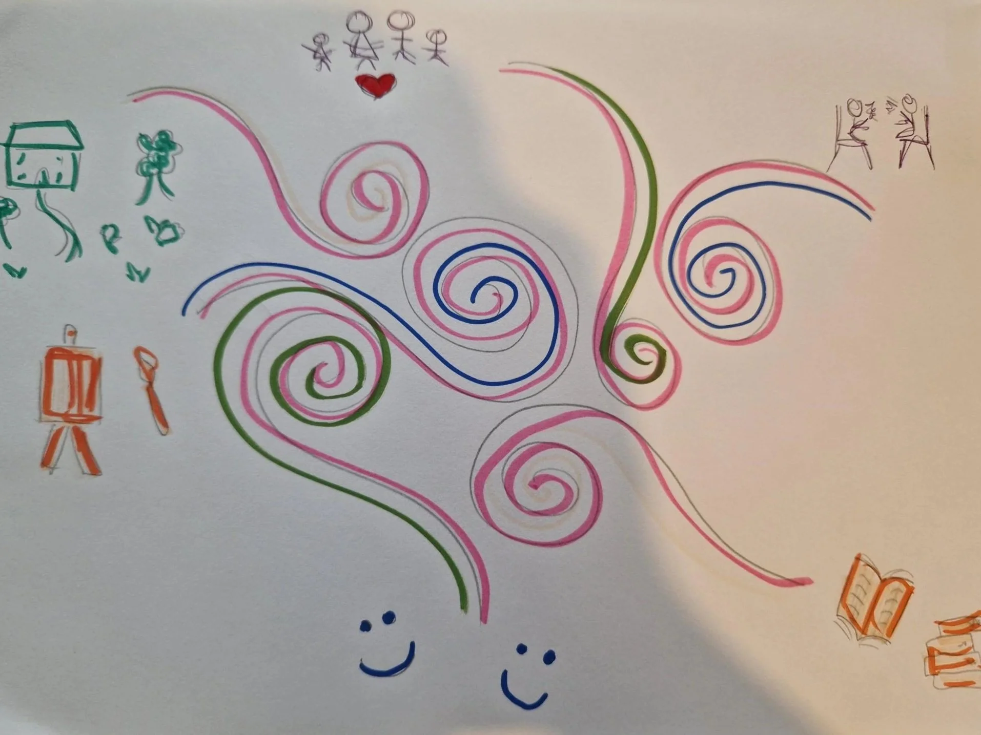 Colorful hand-drawn illustration featuring spirals, a house, trees, and children, along with a red heart.