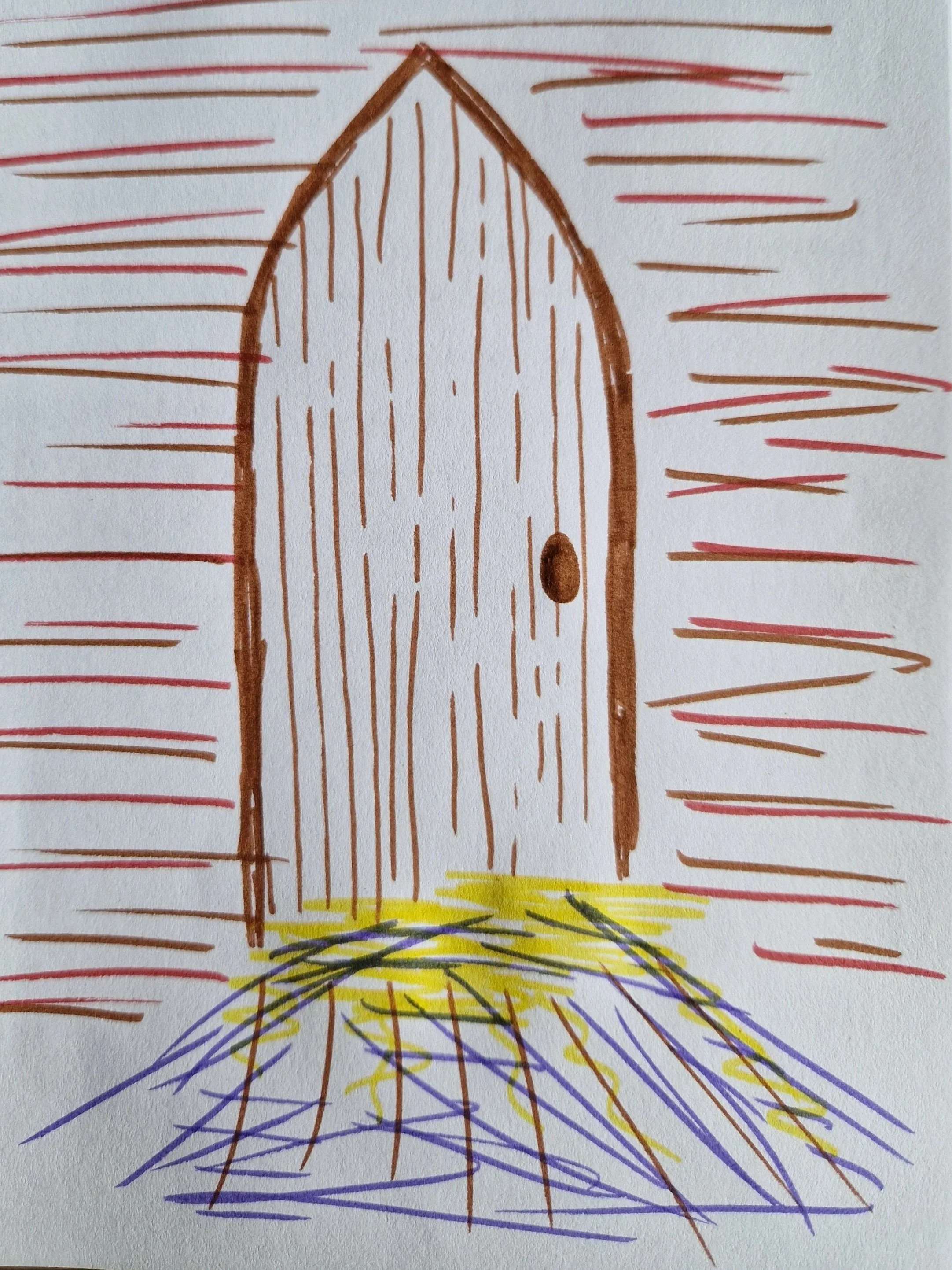 Colorful drawing of a house with a pointed roof, surrounded by lines representing sunlight and a purple and yellow patterned ground.