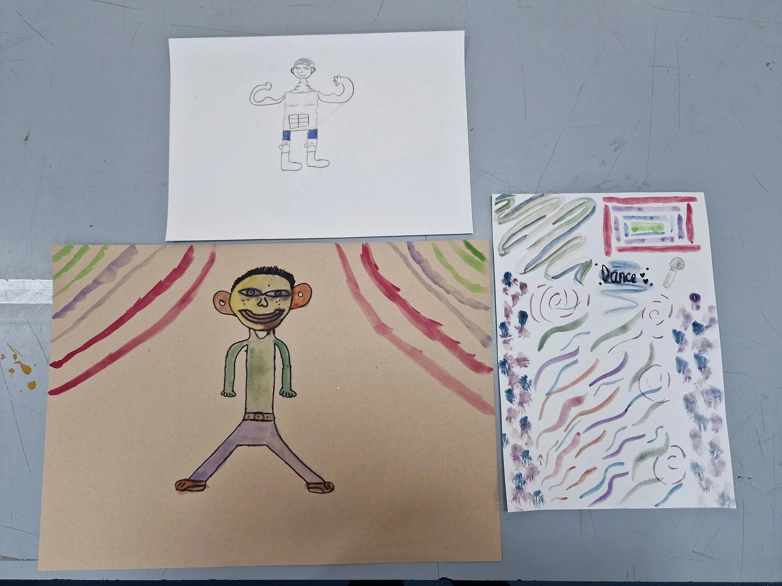 Hand-drawn illustrations of people, including a muscular person, a person with glasses, and a person with long hair, with colorful backgrounds.