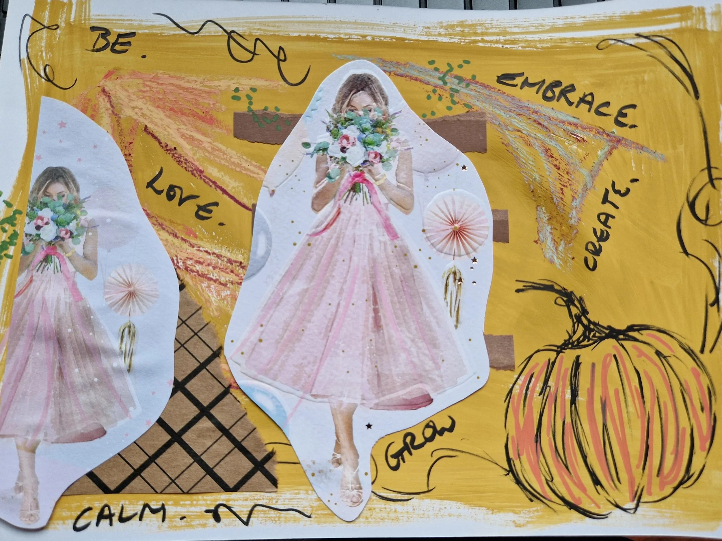 A collage with a yellow background featuring a woman in a pink dress holding a large bouquet of flowers, surrounded by hand-drawn decorative elements and handwritten words like 'BE', 'LOVE', 'EMBRACE', and 'CALM'.