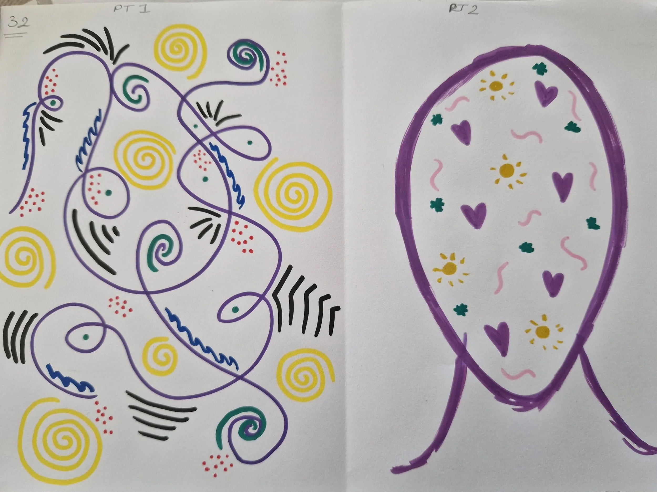 Colorful abstract drawing with spiral lines, hearts, and small shapes in purple, yellow, green, pink, black, and red, on white paper.
