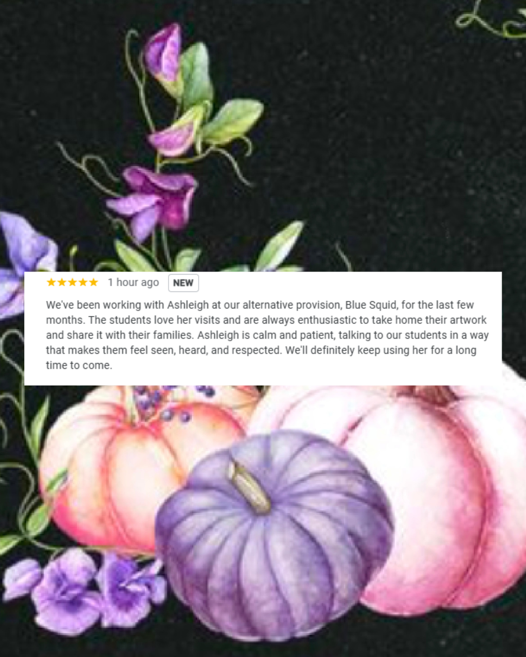 A floral arrangement featuring purple, pink, and orange pumpkins with purple flowers and green leaves on a black background.