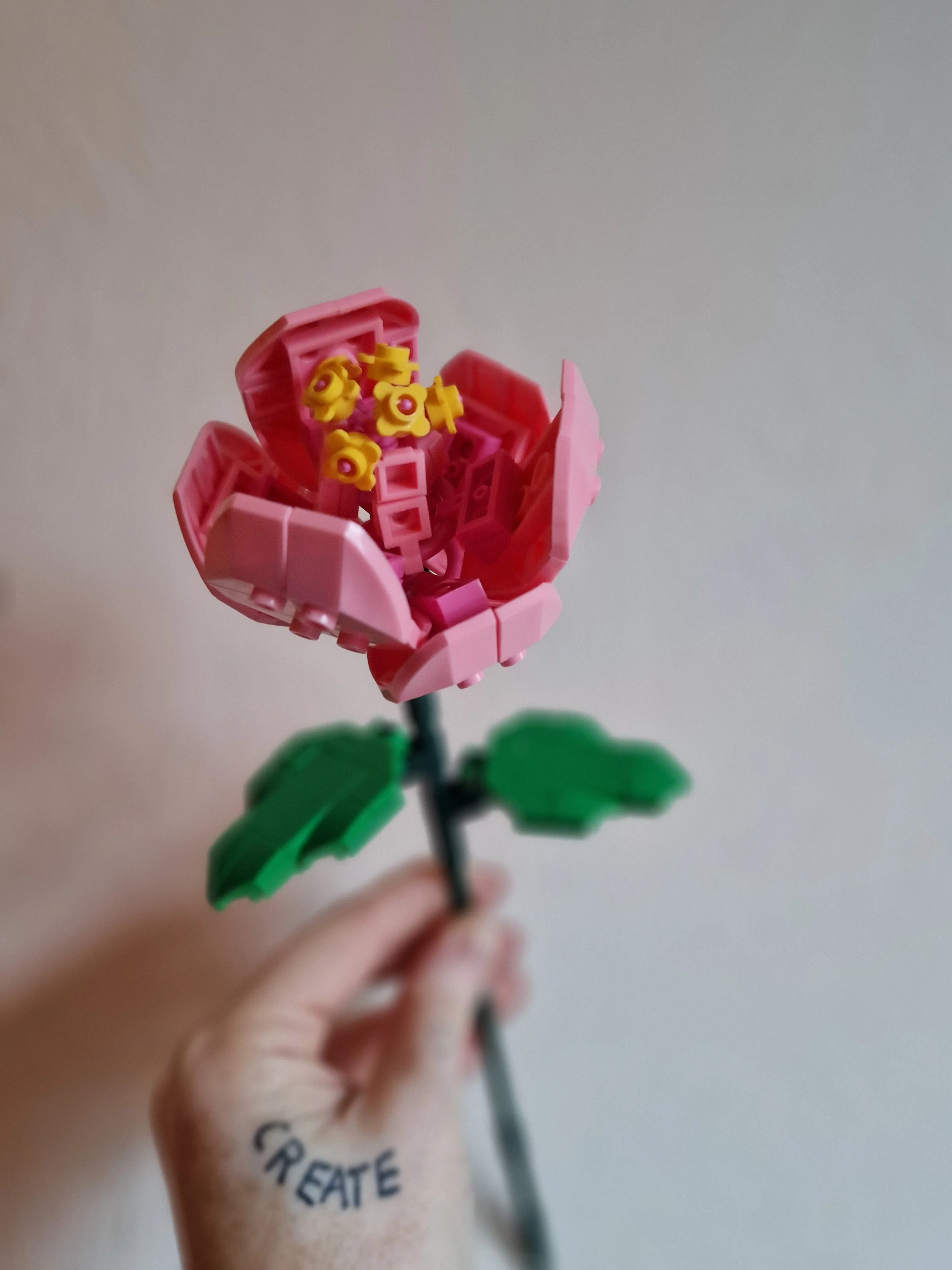 Close-up of a person holding a handmade pink and yellow flower sculpture made from small building blocks, with a green leaf attached to the stem, against a plain background.