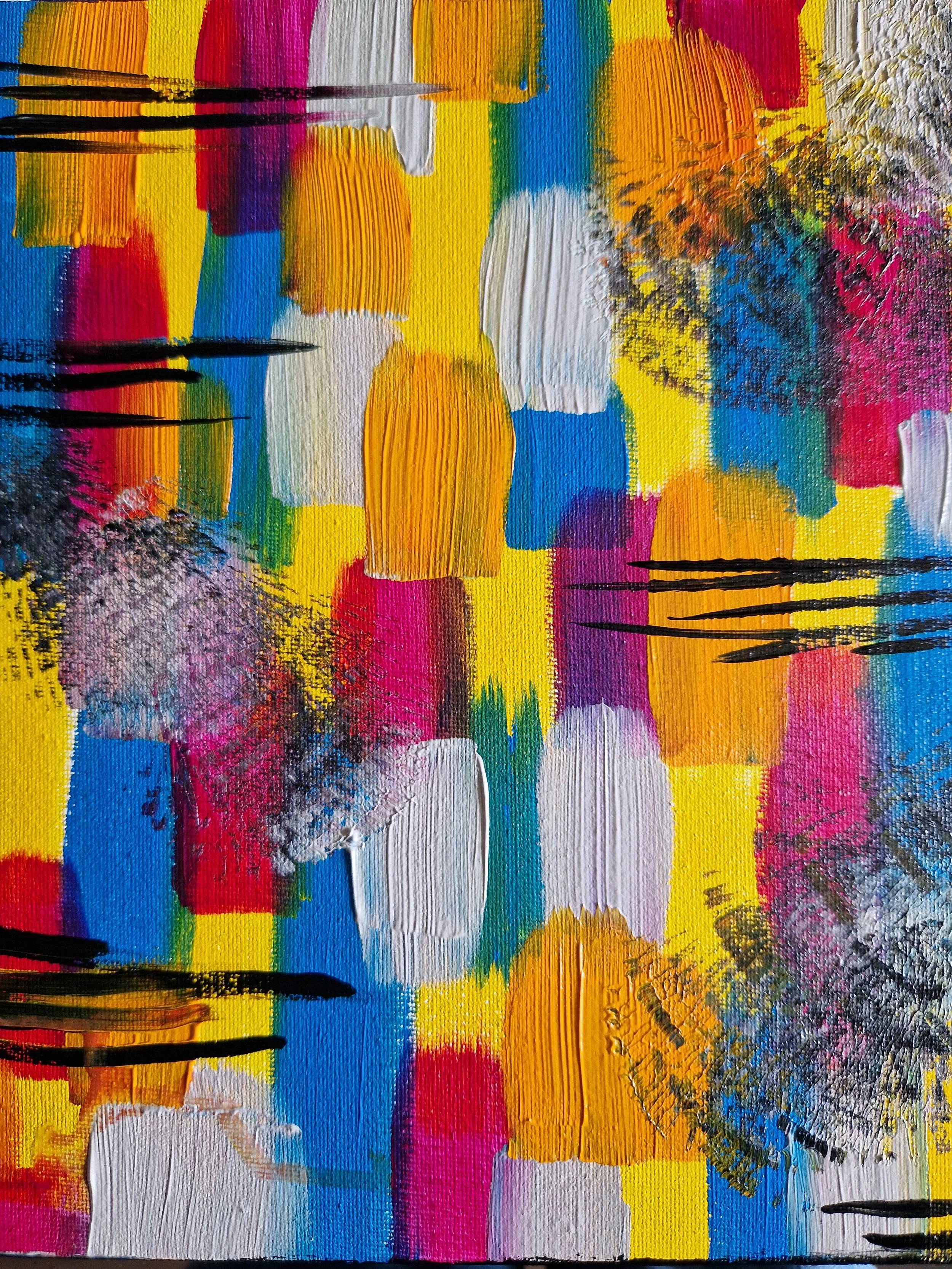 Abstract colorful painting with bold strokes of red, yellow, blue, white, black, and orange paint, featuring textured and layered brushstrokes.