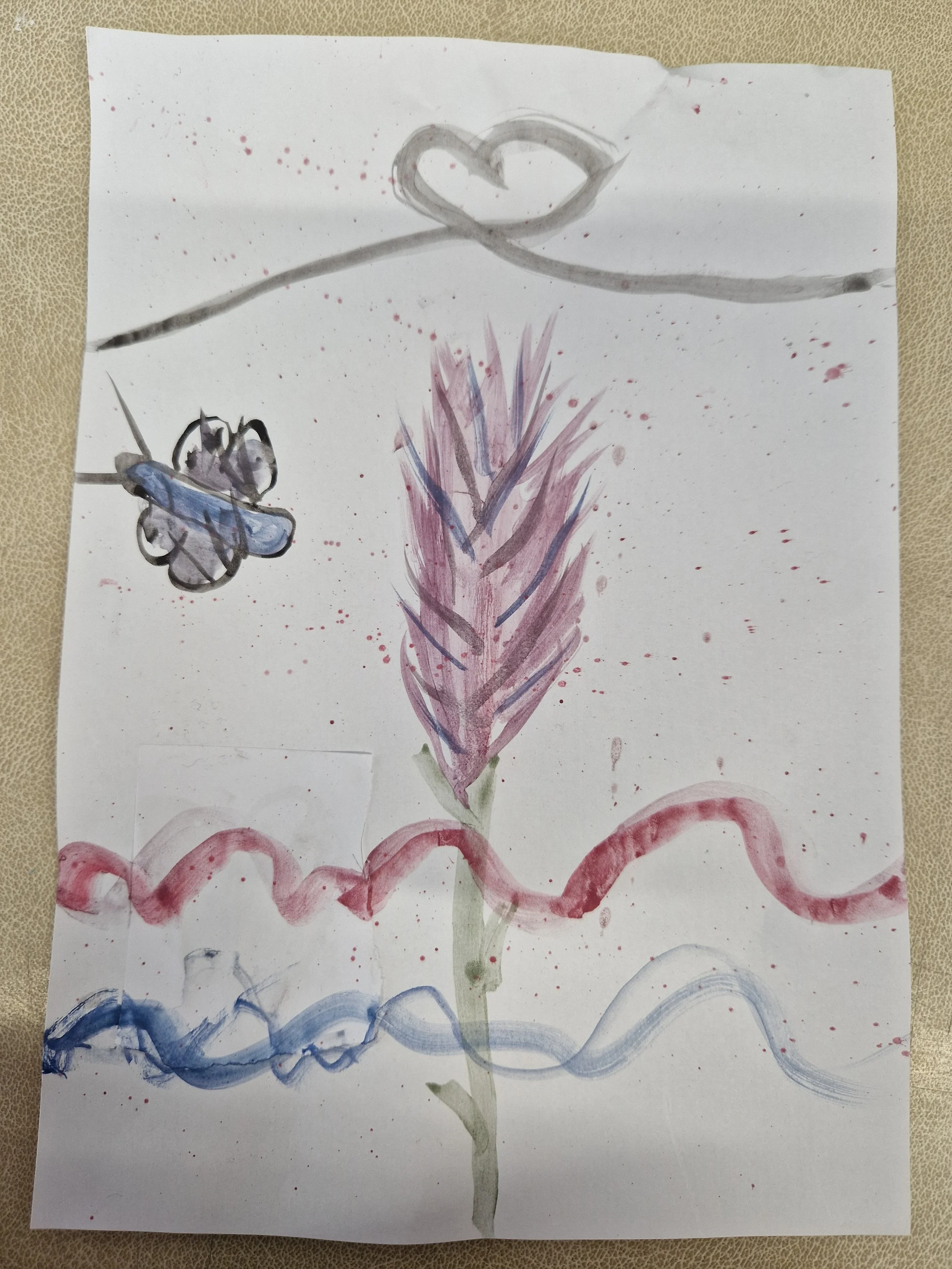 A child's drawing of a flower with red and purple petals, a green stem, and a blue and purple butterfly near the top left. The background has red splatters and red wavy lines at the bottom.