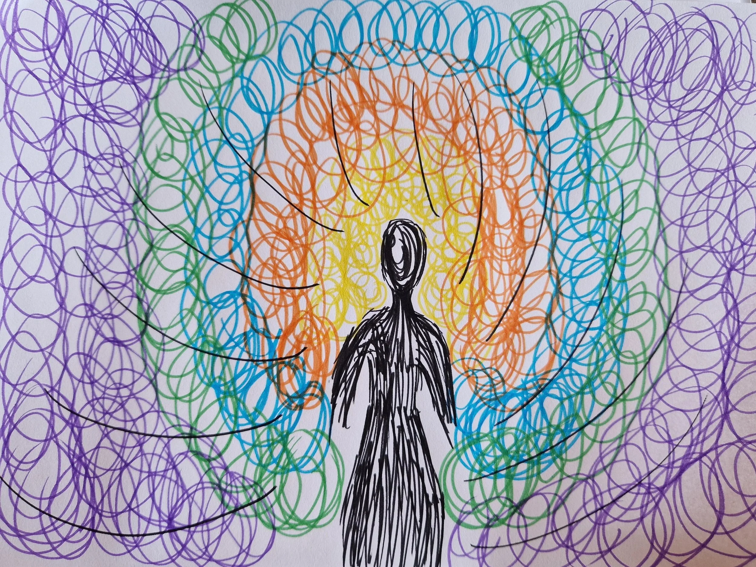 A colorful drawing featuring a human figure with outstretched arms inside a circle, with swirls of various colors including purple, green, blue, orange, and yellow surrounding and filling the background.