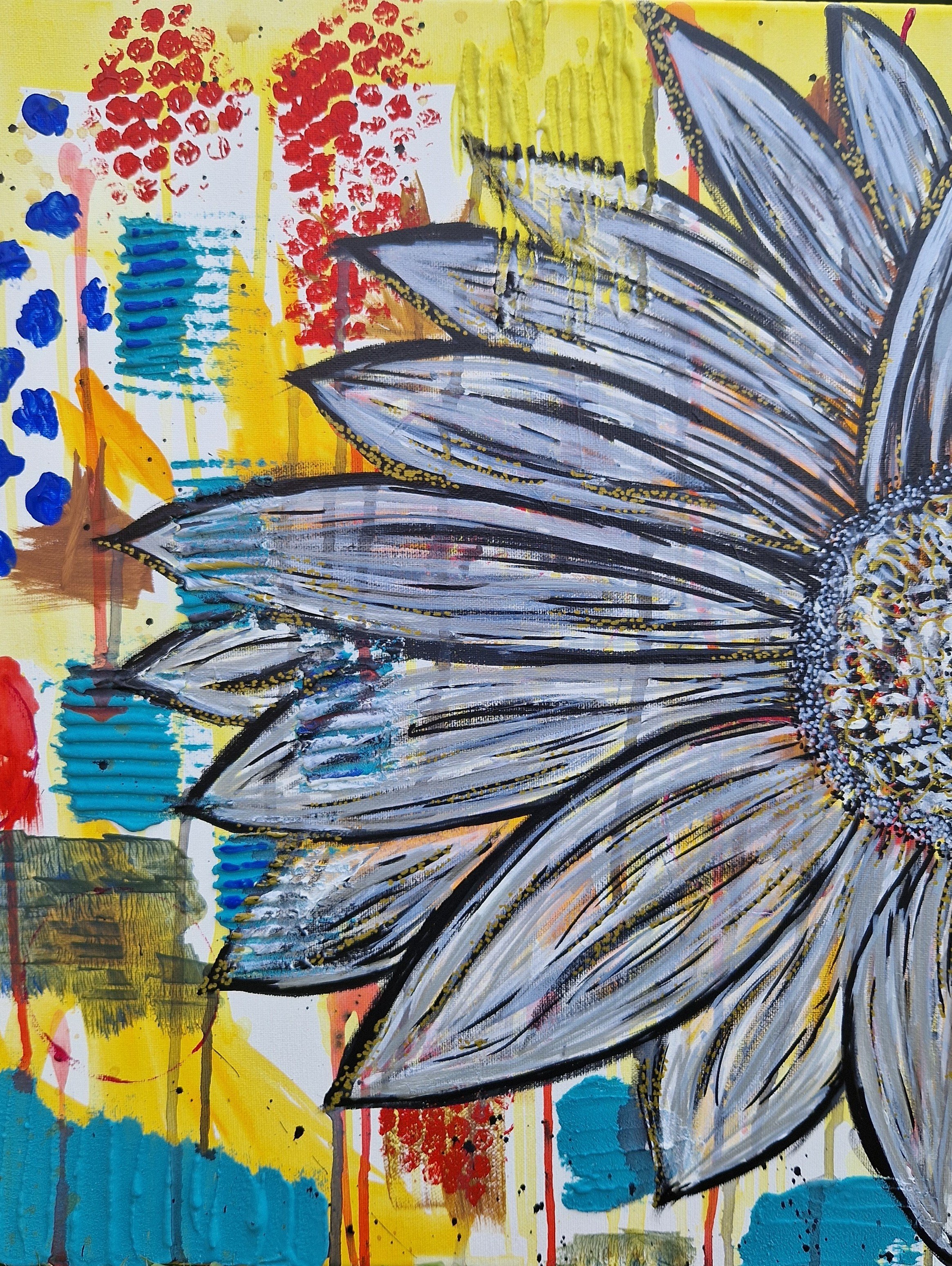 Abstract painting of a butterfly's wings with a vibrant yellow background, red and blue splashes, and black outlining.