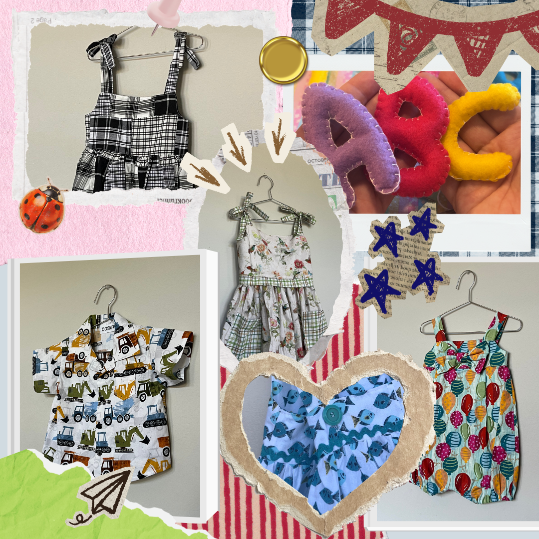 A collage of children's summer dresses, colorful felt letters spelling 'LOVE', and cute decorative elements like a ladybug and stars.
