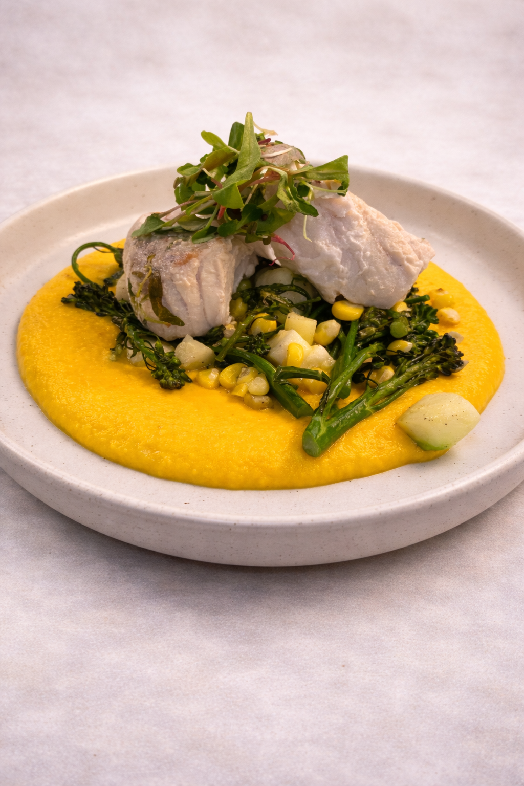 White fish en papillote over seasonal vegetables on a bed of carrot and fennel soubise 