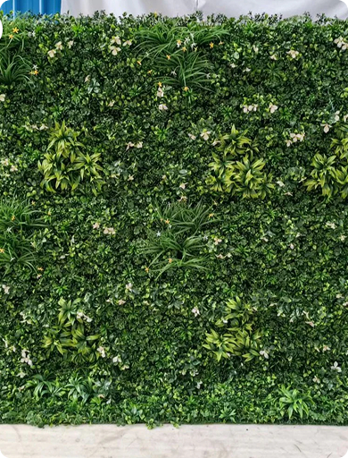 Green leafy wall with various plants and small white flowers, served as a backdrop.