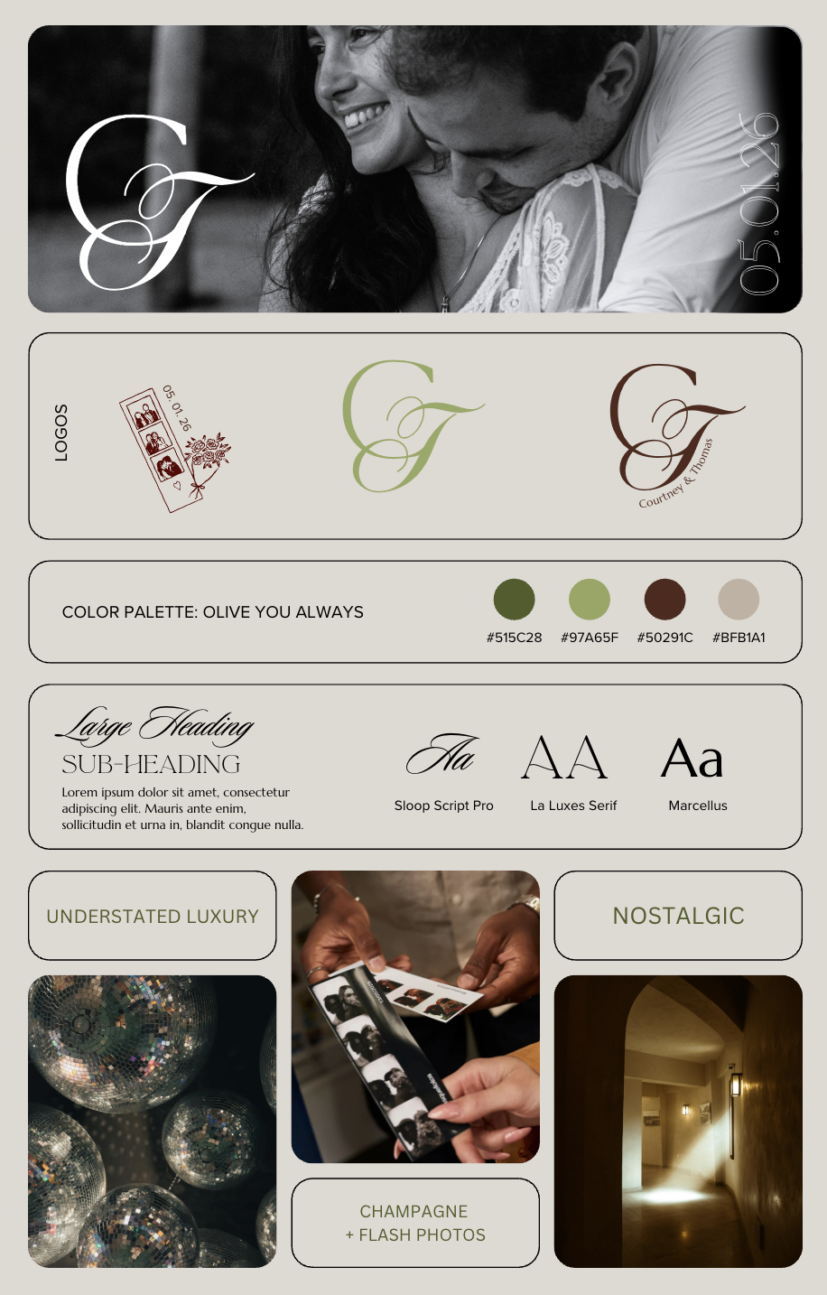 Design board featuring black and white photo of a smiling couple embracing, wedding logo with initials G, date 05.01.26, color palette with olive tones, elegant fonts, photo booth strip, disco balls, and a cozy hallway with mood lighting.