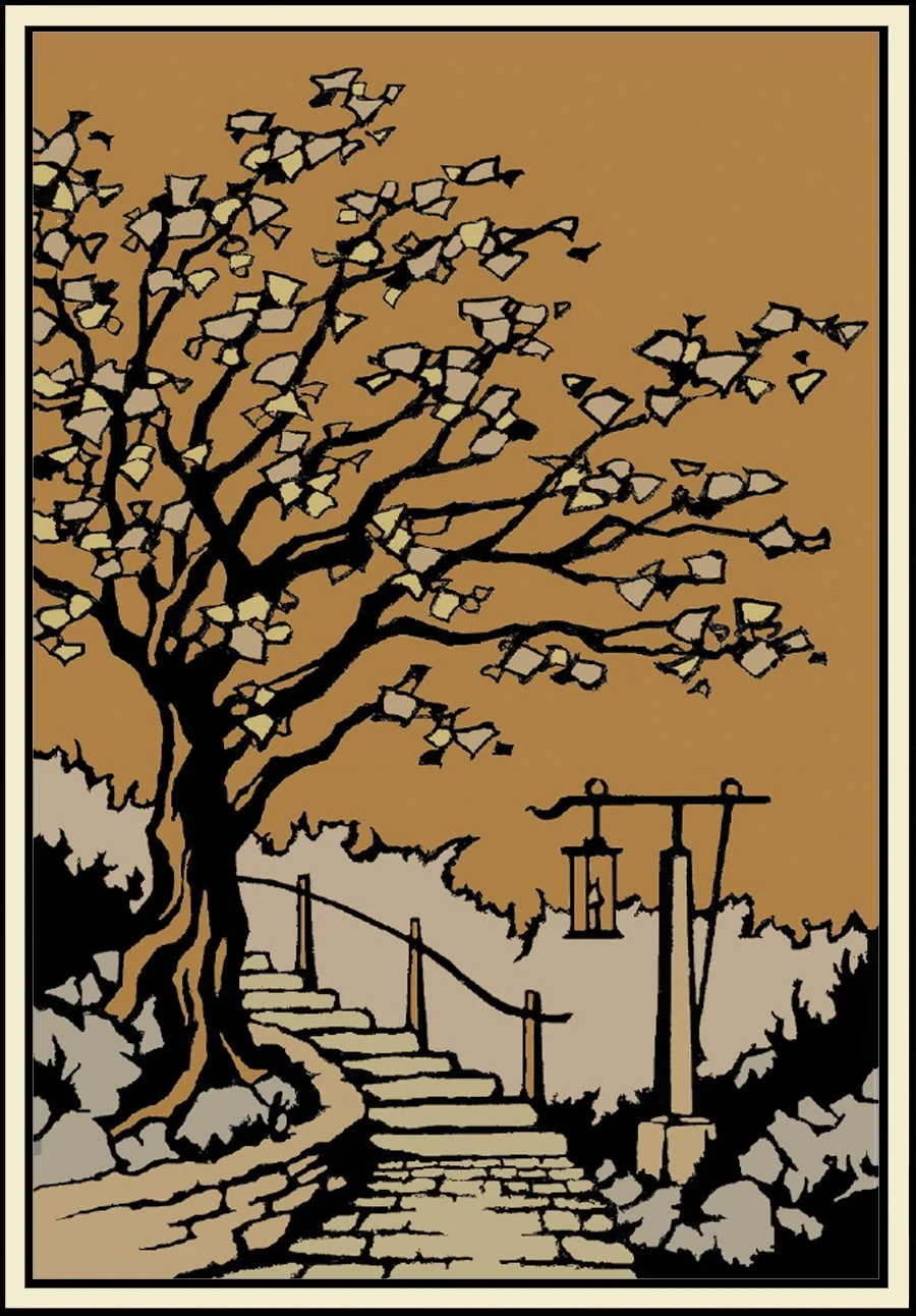 Illustration of a tree with sparse leaves, stone steps with a wooden railing, and a hanging lantern in a stylized, cartoonish style with a brown background.