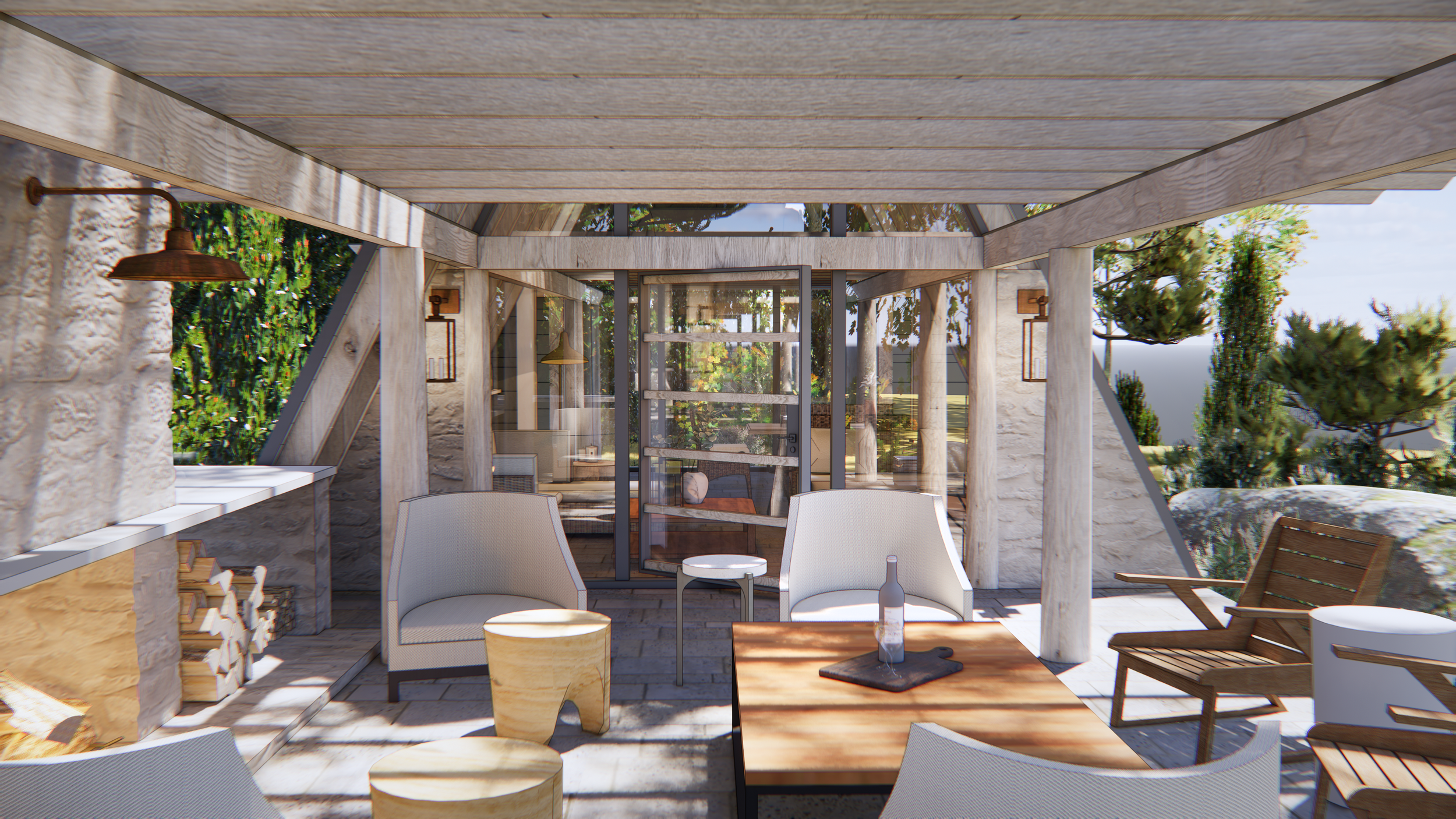 Outdoor patio with white chairs, wooden tables, and a glass enclosed room in the background, surrounded by greenery and trees.