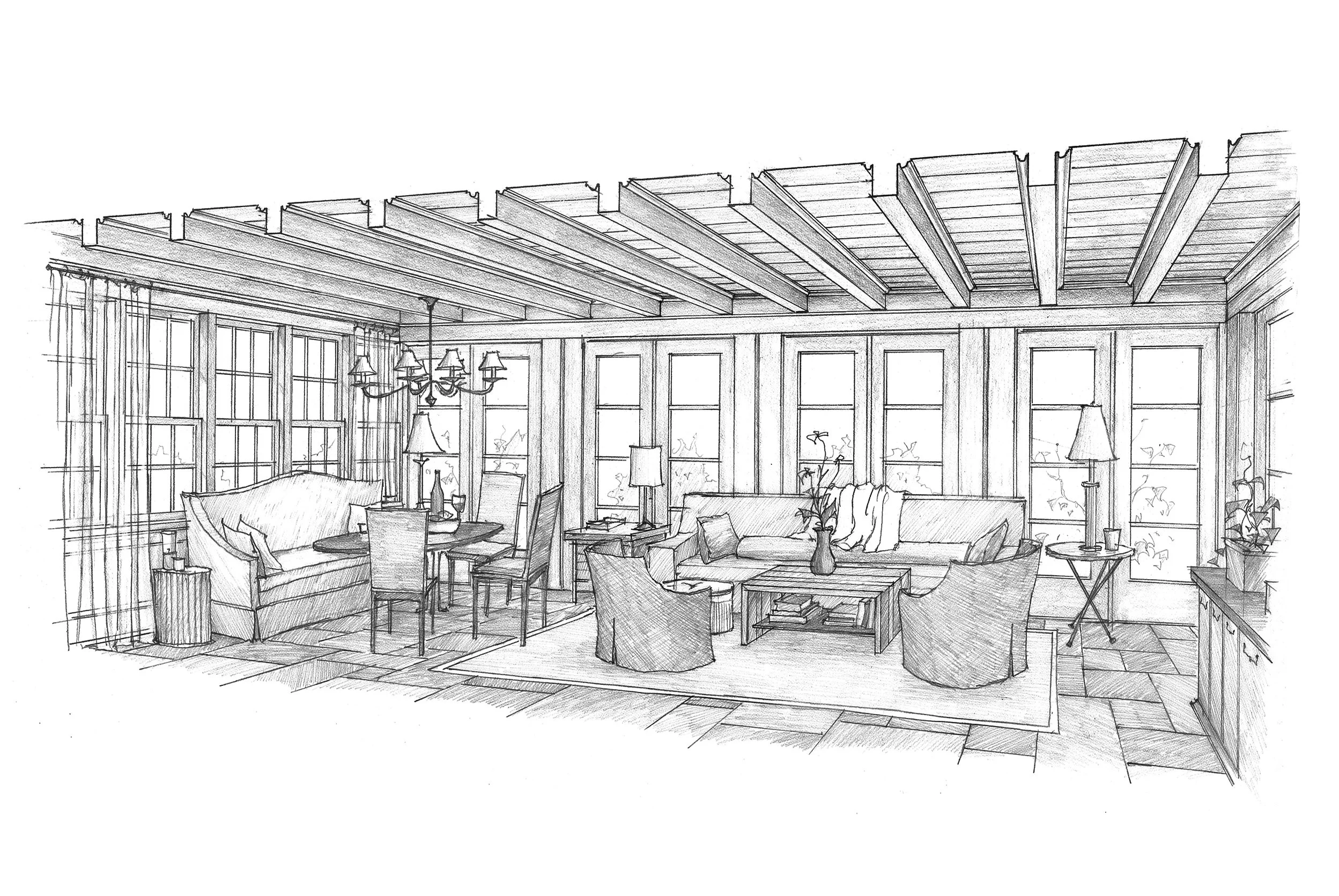 A sketch of a cozy living room with large windows, wooden ceiling beams, and various furniture including sofas, chairs, and tables.