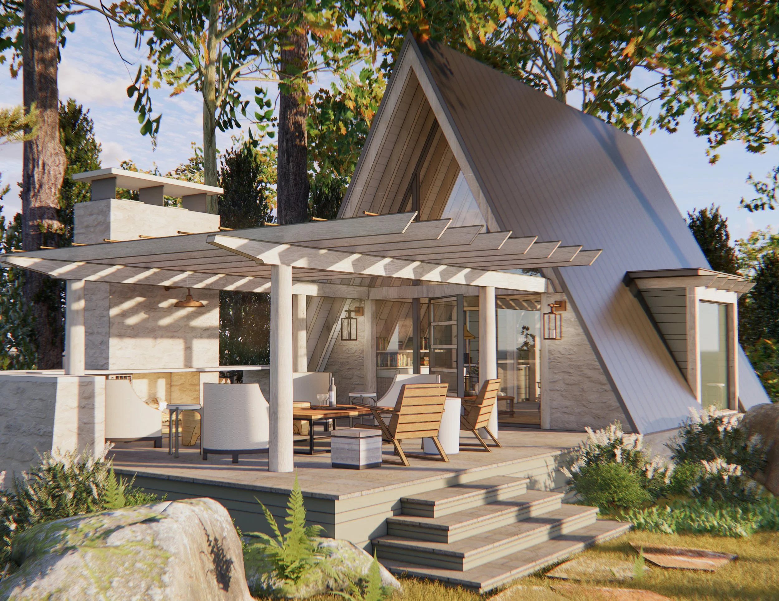 Modern house with a steeply pitched roof, glass doors, and a wooden deck, surrounded by trees and outdoor furniture.