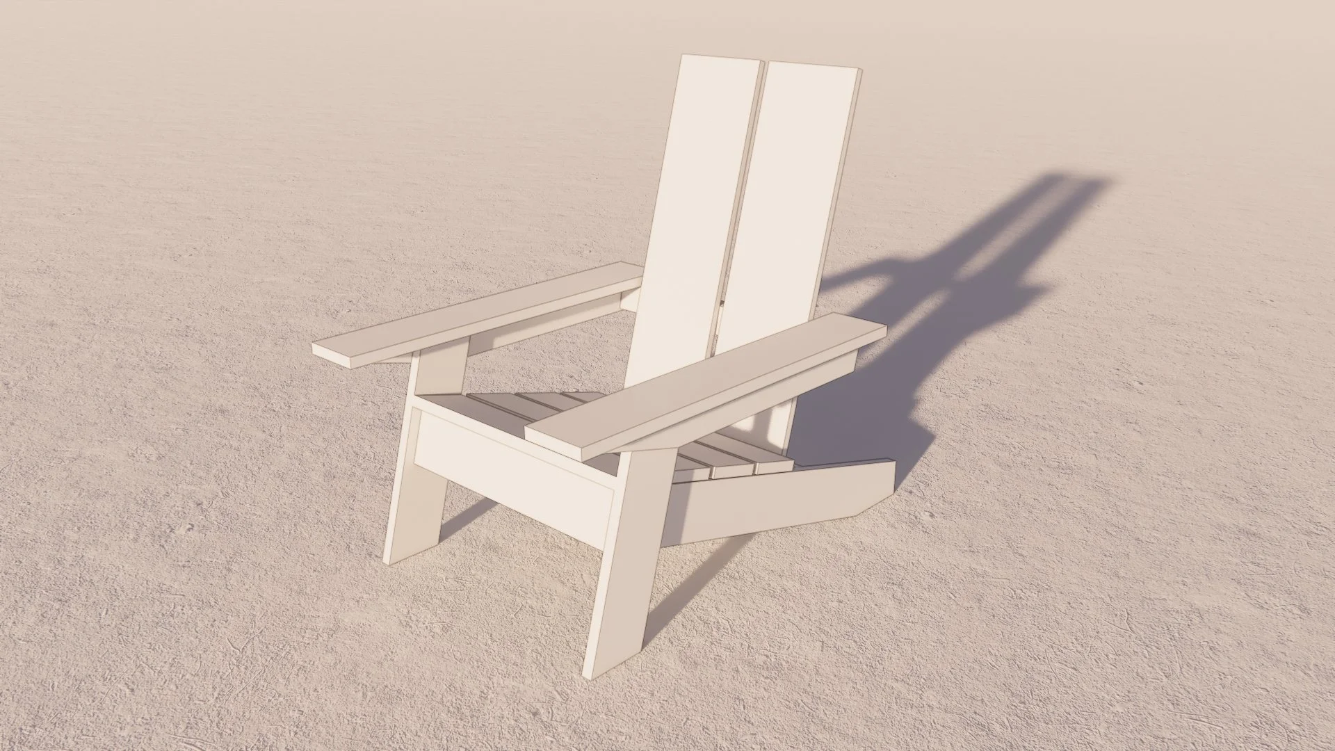 Empty white wooden Adirondack chair on beige sandy ground with a long shadow in bright sunlight.