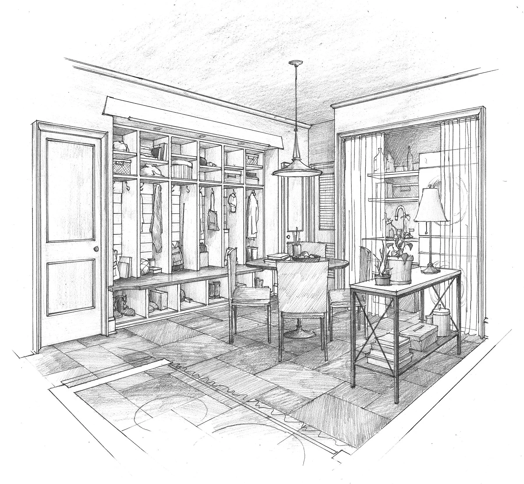 A detailed sketch of a living room featuring a built-in closed cabinet with open shelves and a coat rack, a dining area with chairs, a table with books, a floor lamp, and a sliding door with curtains, all within a cozy, suburban home setting.
