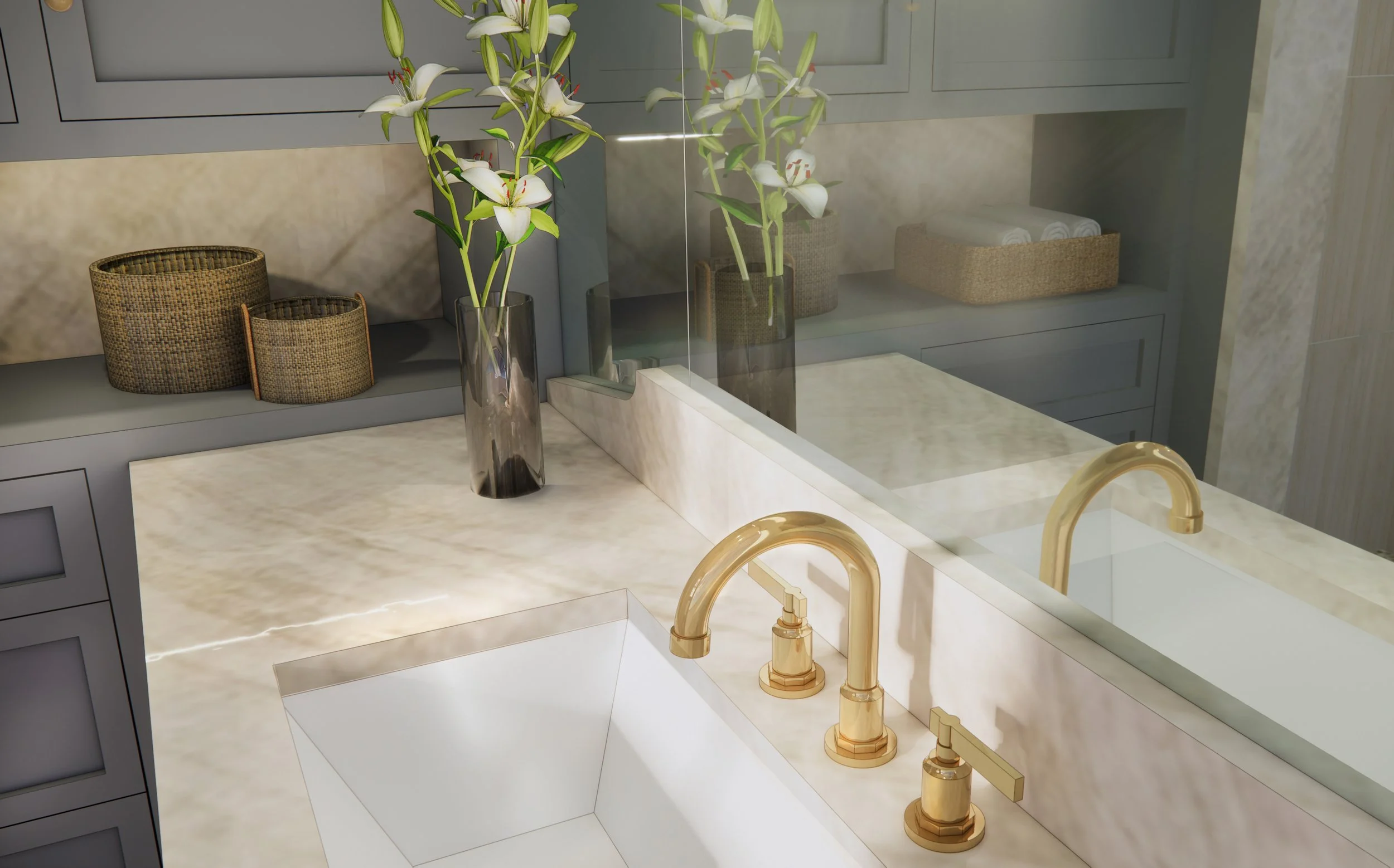 A kitchen countertop with a glass vase holding white lilies, woven baskets, and a soap dispenser with a gold-colored faucet.