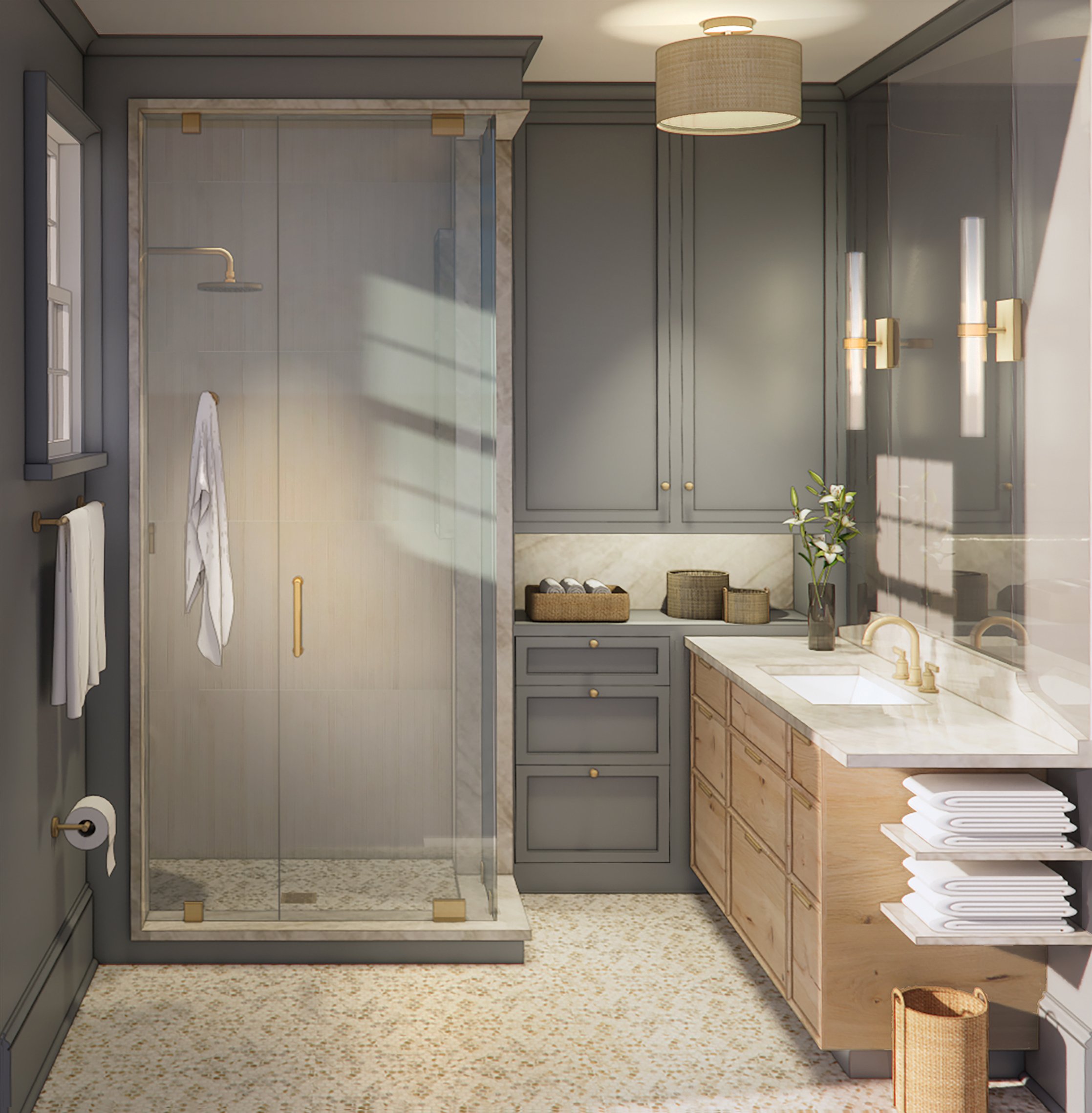 A modern bathroom with gray cabinets, a marble shower with a glass door, a beige countertop with a sink, a vase with white flowers, and a black woven basket on the floor. There's a beige ceiling light and wall-mounted light fixtures, with towels hang