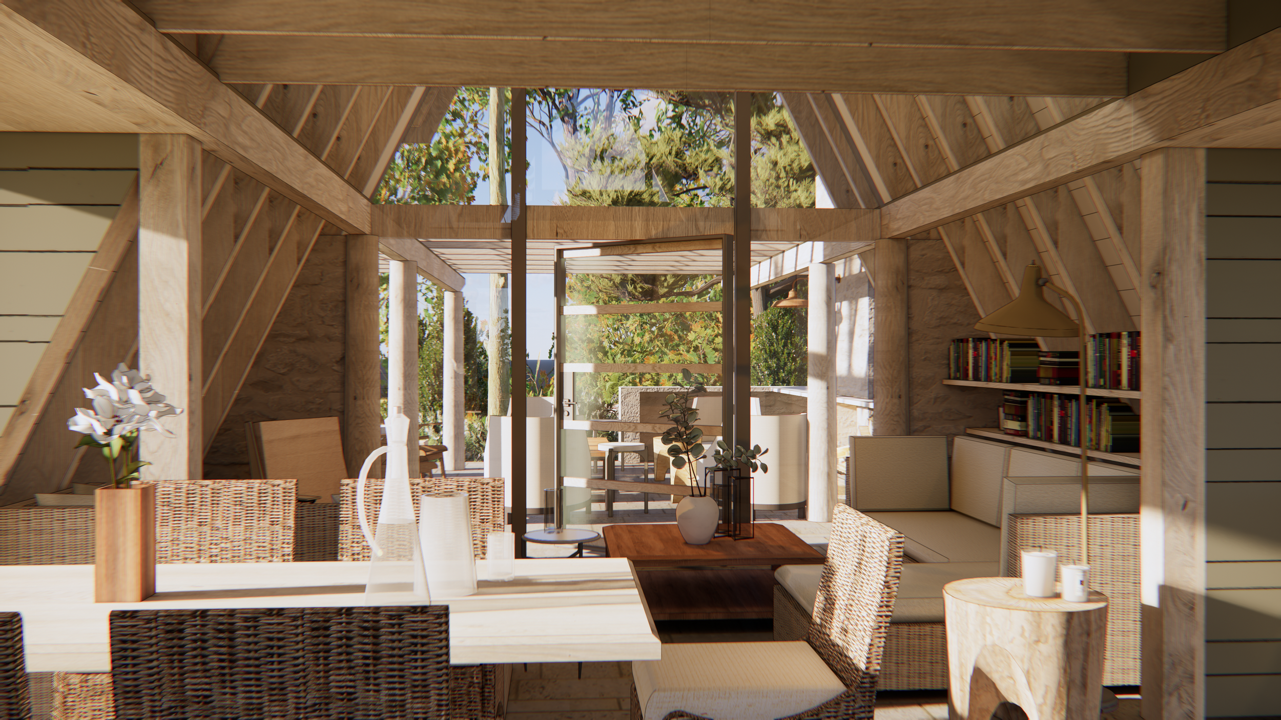 Interior view of a modern living space with large windows and exposed wooden beams, outdoors visible through the windows with trees and blue sky.