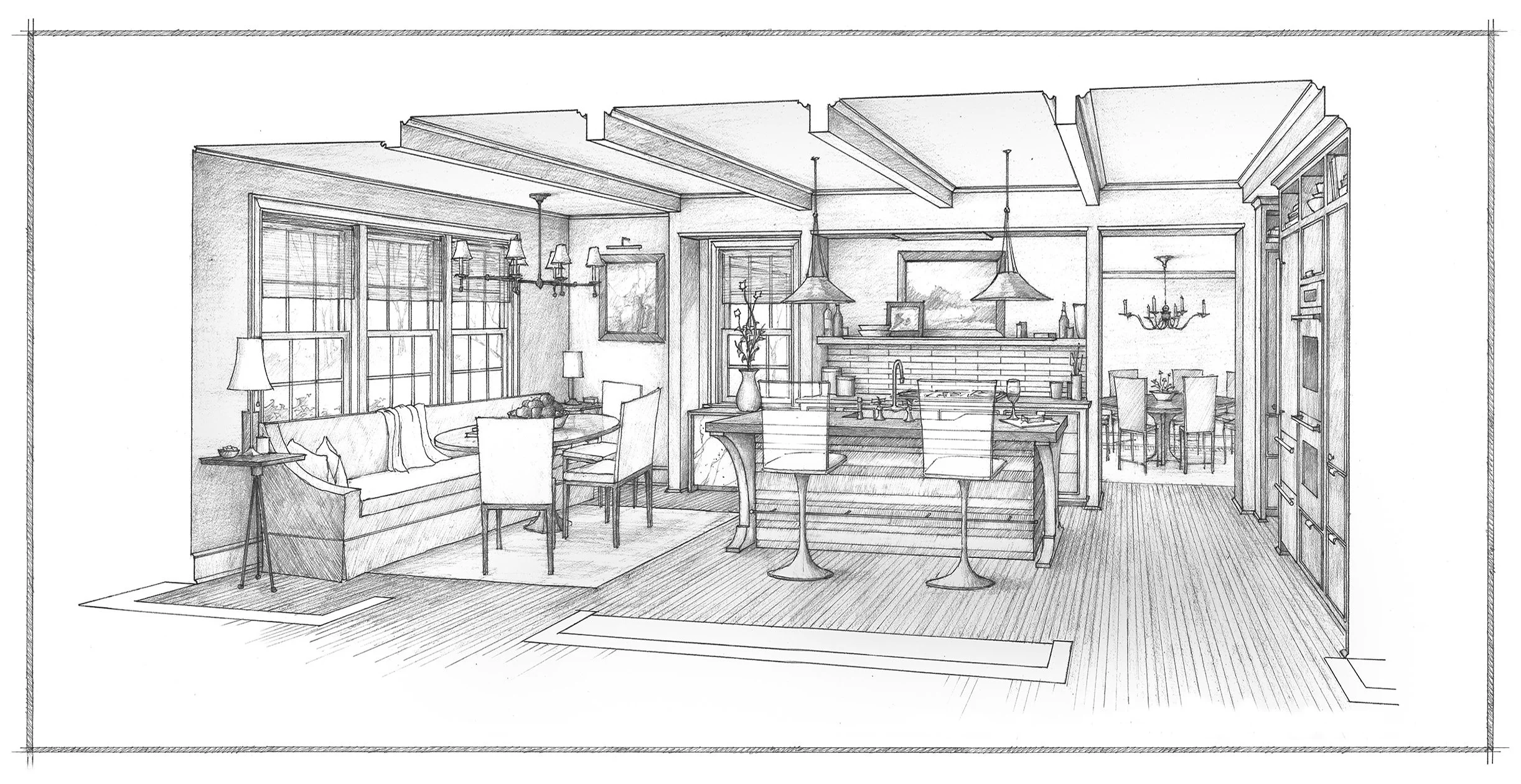 A detailed black and white sketch of an open-concept living and dining area with a kitchen. The living space features a sofa with pillows, a side table, and a lamp. The dining area has a round table with chairs, and the kitchen has a central island with high stools, pendant lighting, and various cabinets and shelving. Large windows provide natural light, and there are decorative elements like lamps, artwork, and vases throughout the space.