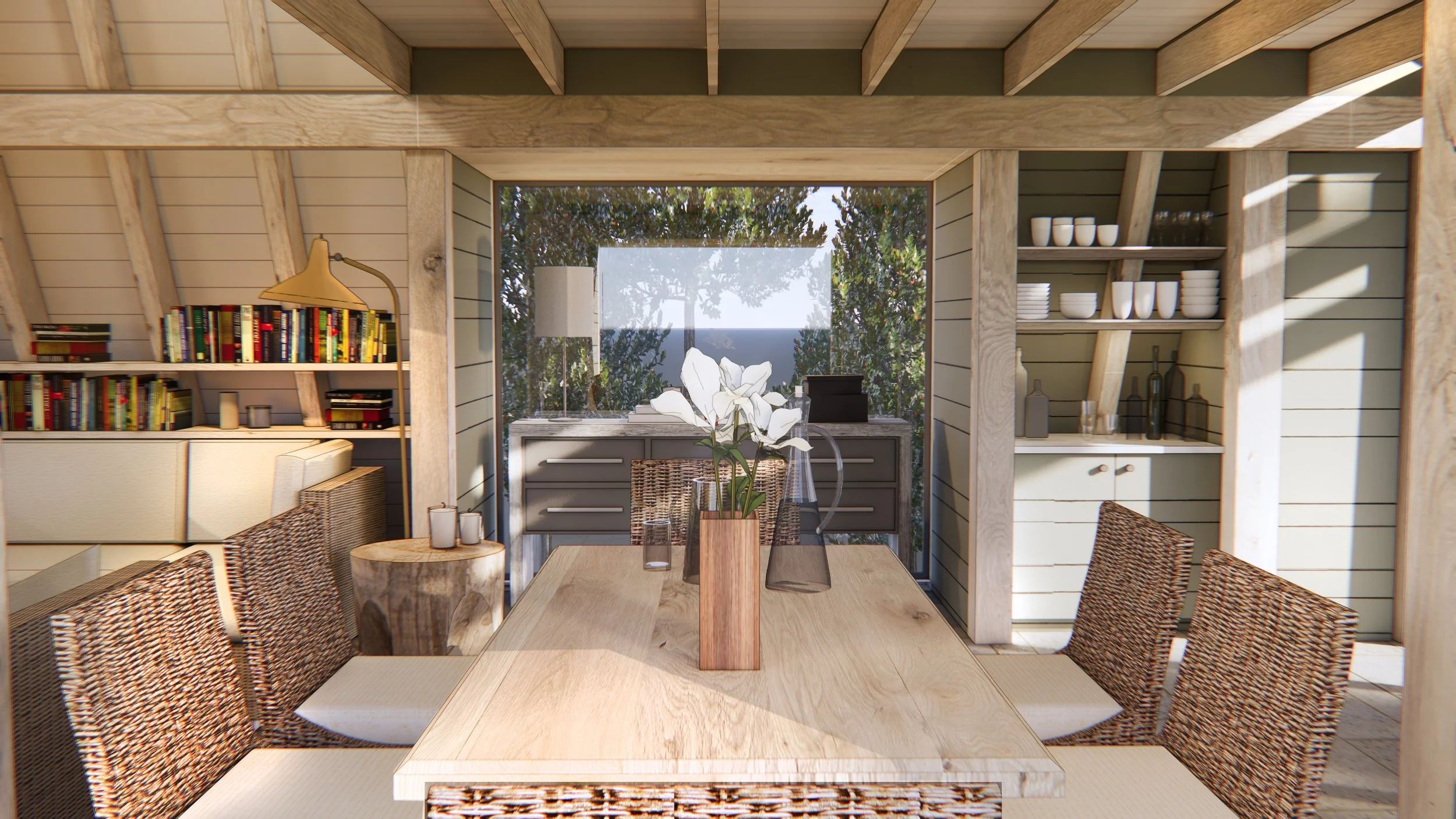 Interior view of a modern, airy dining area with a wooden table, woven chairs, open shelving with white dishes, and a large window revealing greenery and an ocean view.