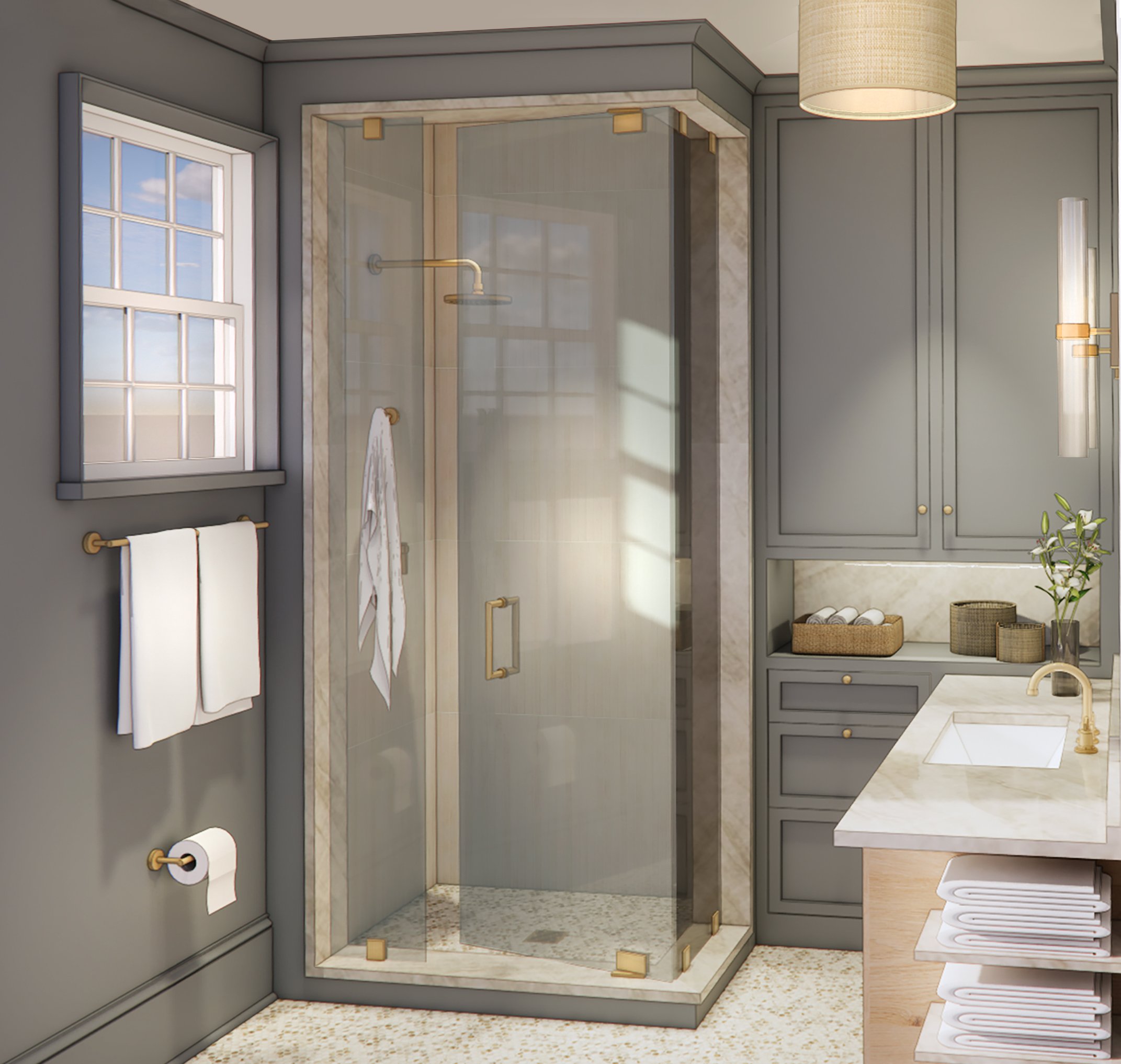 A modern bathroom with a glass shower enclosure, window, twin towel bars, and gray cabinetry on a speckled beige tile floor.