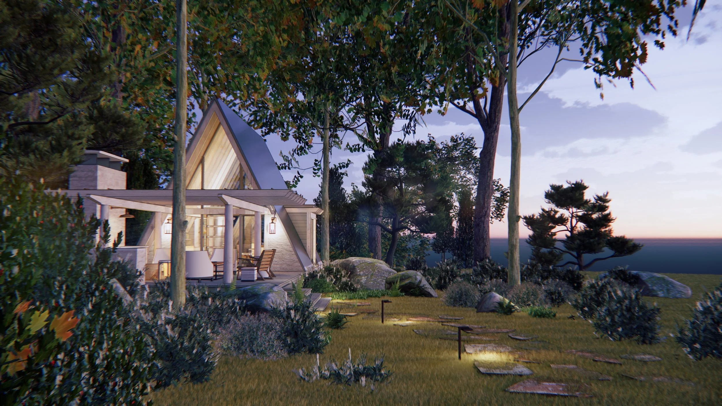 A modern house with a triangular roof surrounded by trees and rocks, with a sitting area on the porch and landscape lighting at dusk.