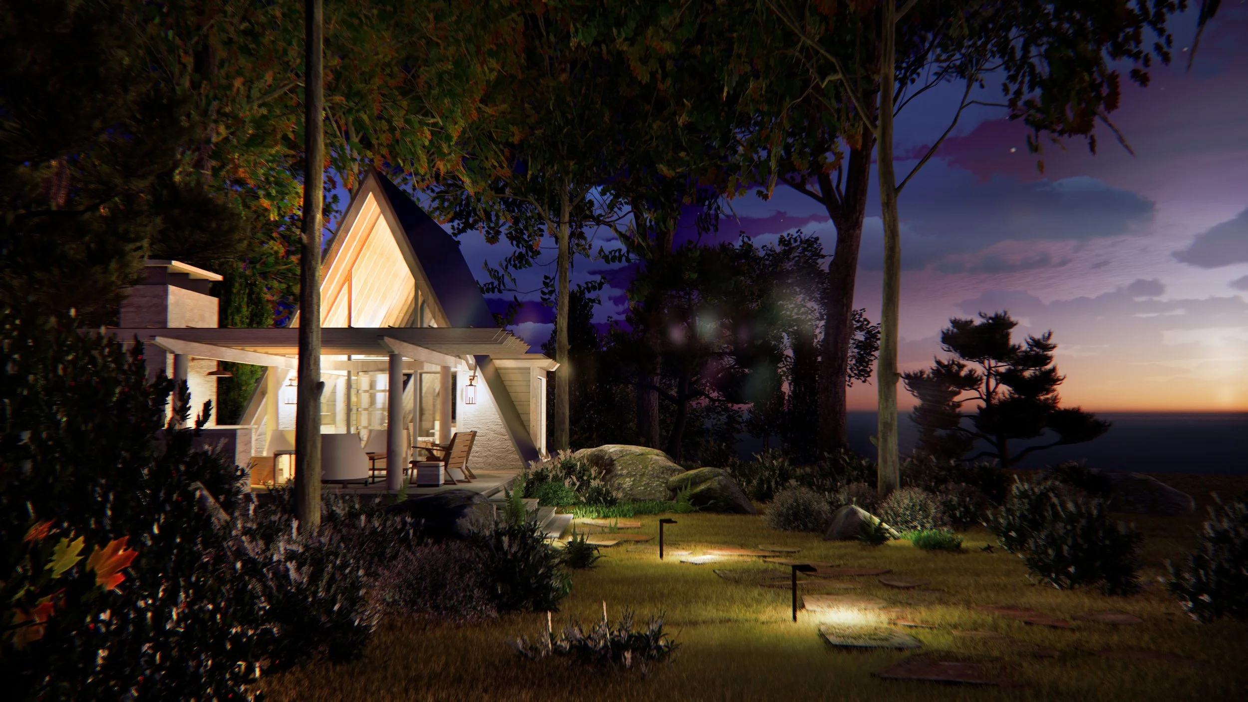 A modern house with an A-frame roof illuminated at dusk, surrounded by trees and a landscaped yard with outdoor seating.