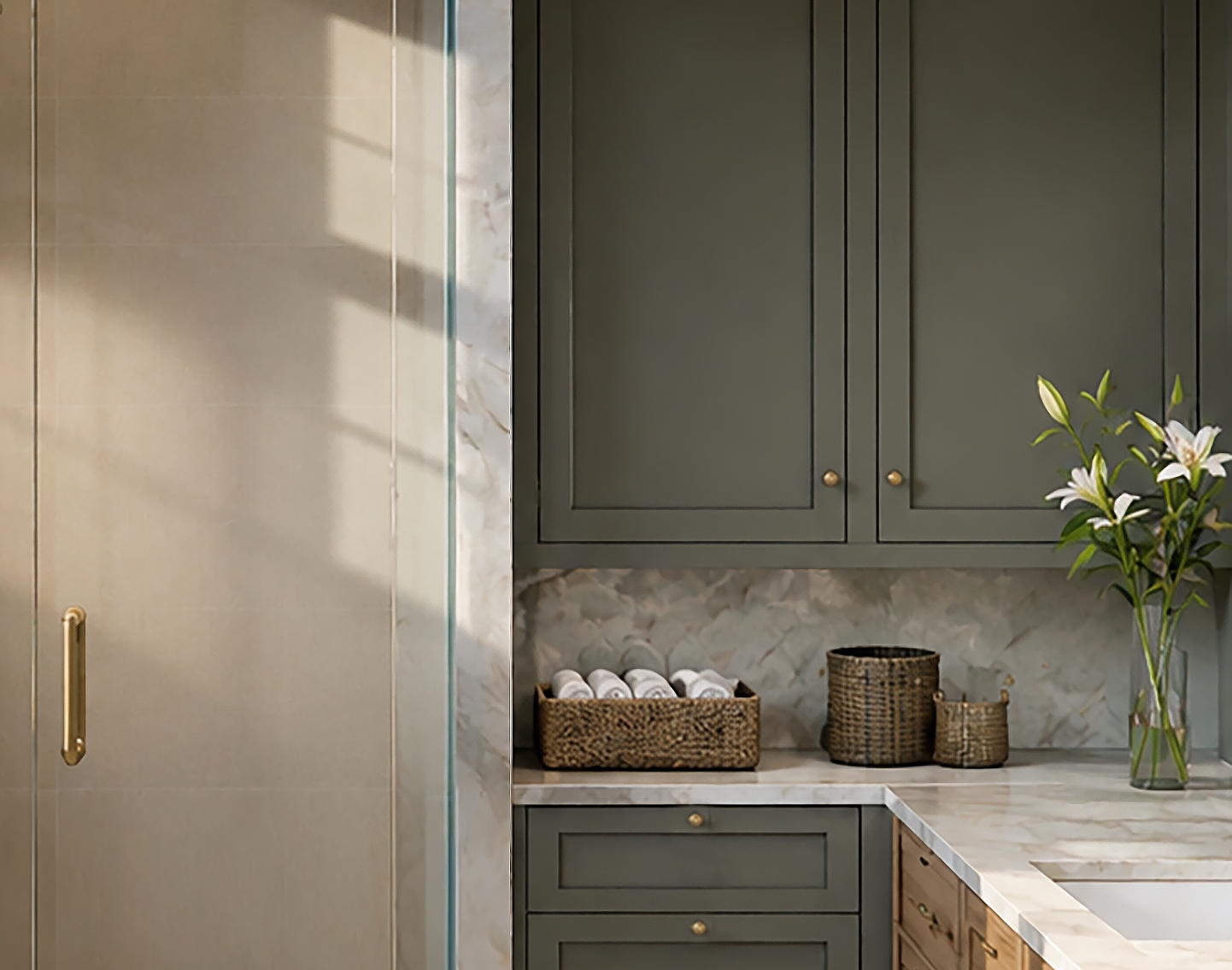 A bathroom with olive green cabinets, a tiled backsplash, and a white marble countertop. There are wicker baskets, a vase with white lilies, and a partially visible glass shower door with a gold handle.