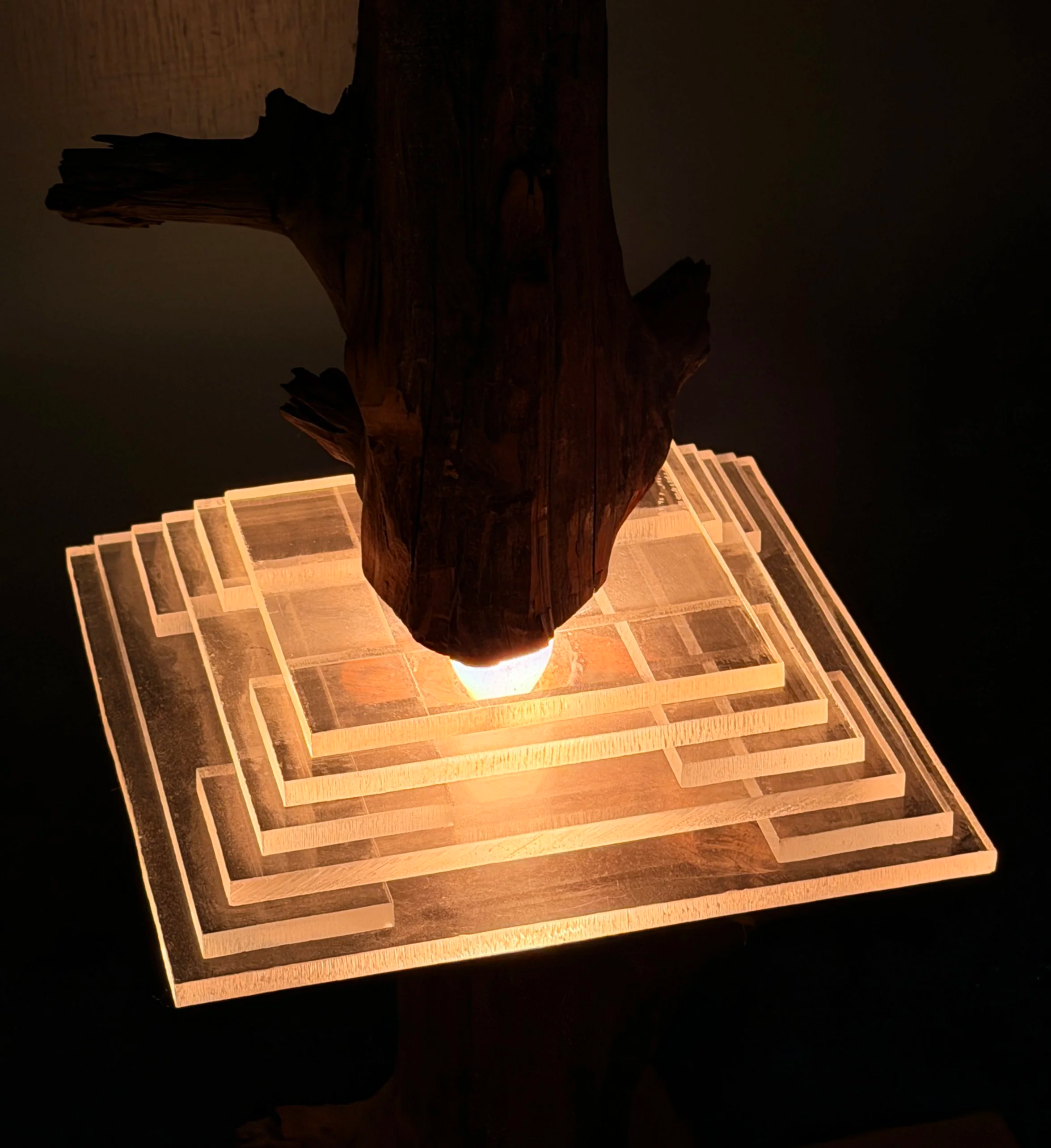 Close-up of a light sculpture mounted on a natural wood base, with soft lighting highlighting the contours.