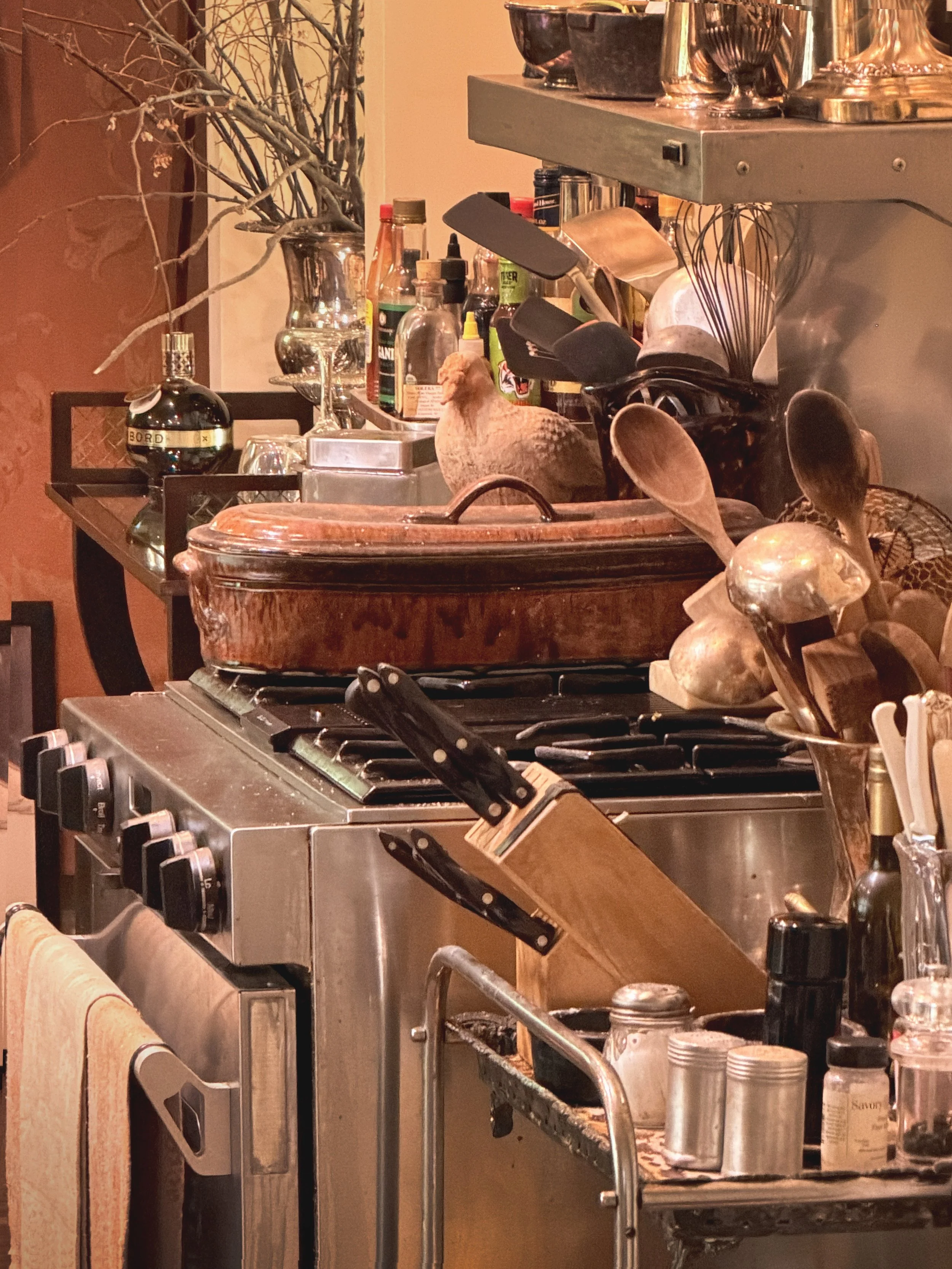 A kitchen scene showing a stovetop with utensils, a metal rack with bottles and jars, decorative vases and branches, and various kitchen tools and containers.