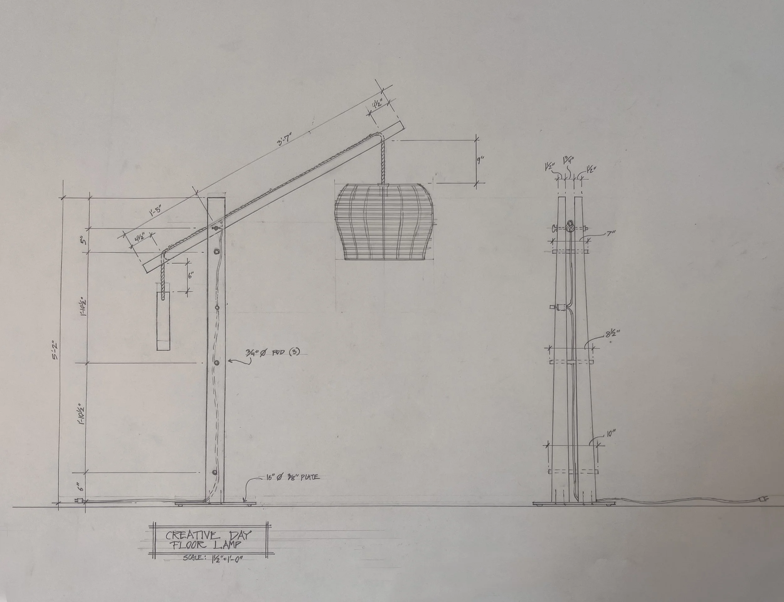Technical drawing of a floor lamp, including measurements and design details.