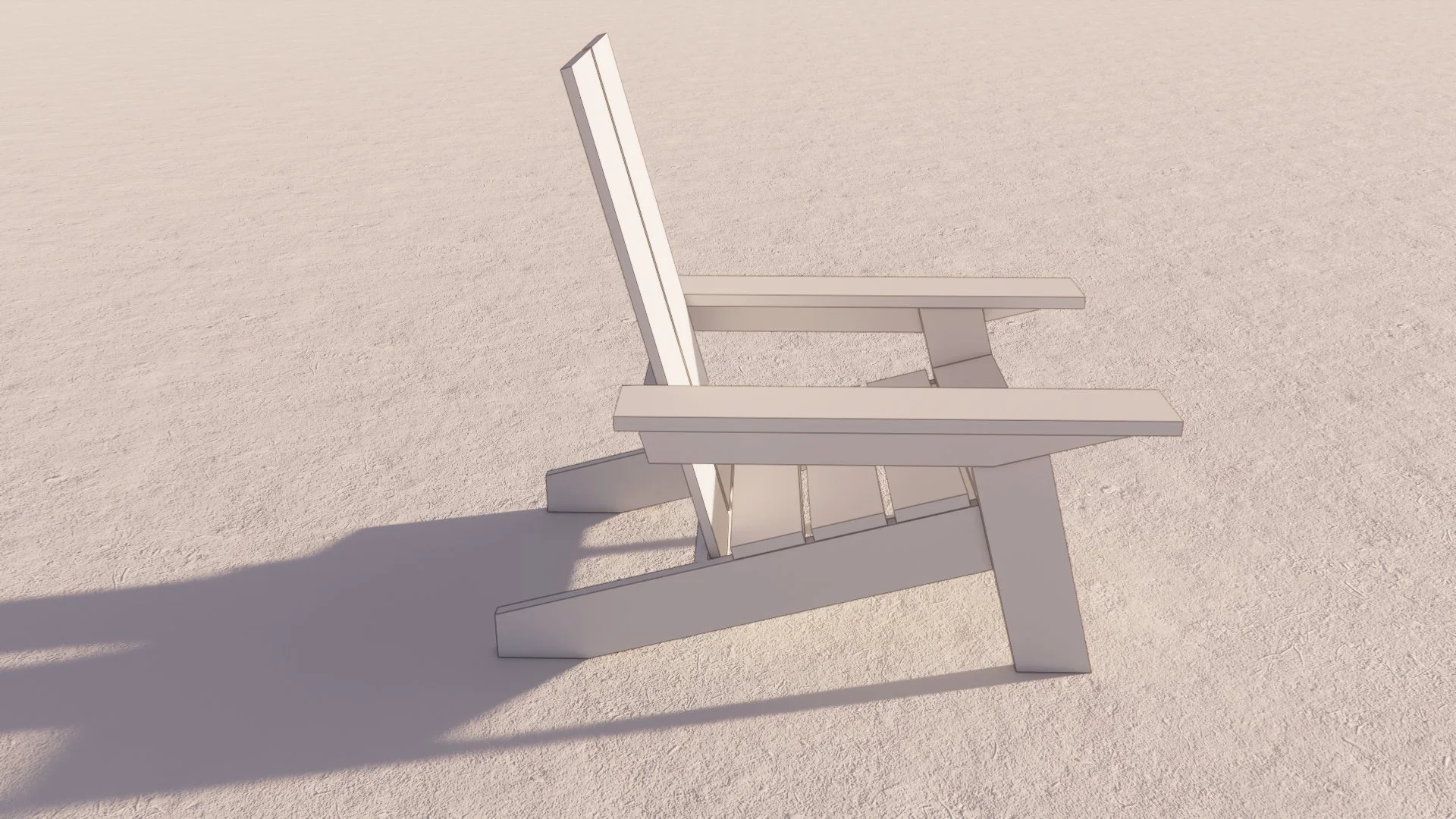 Empty white Adirondack chair on sandy surface with shadow extending to left.