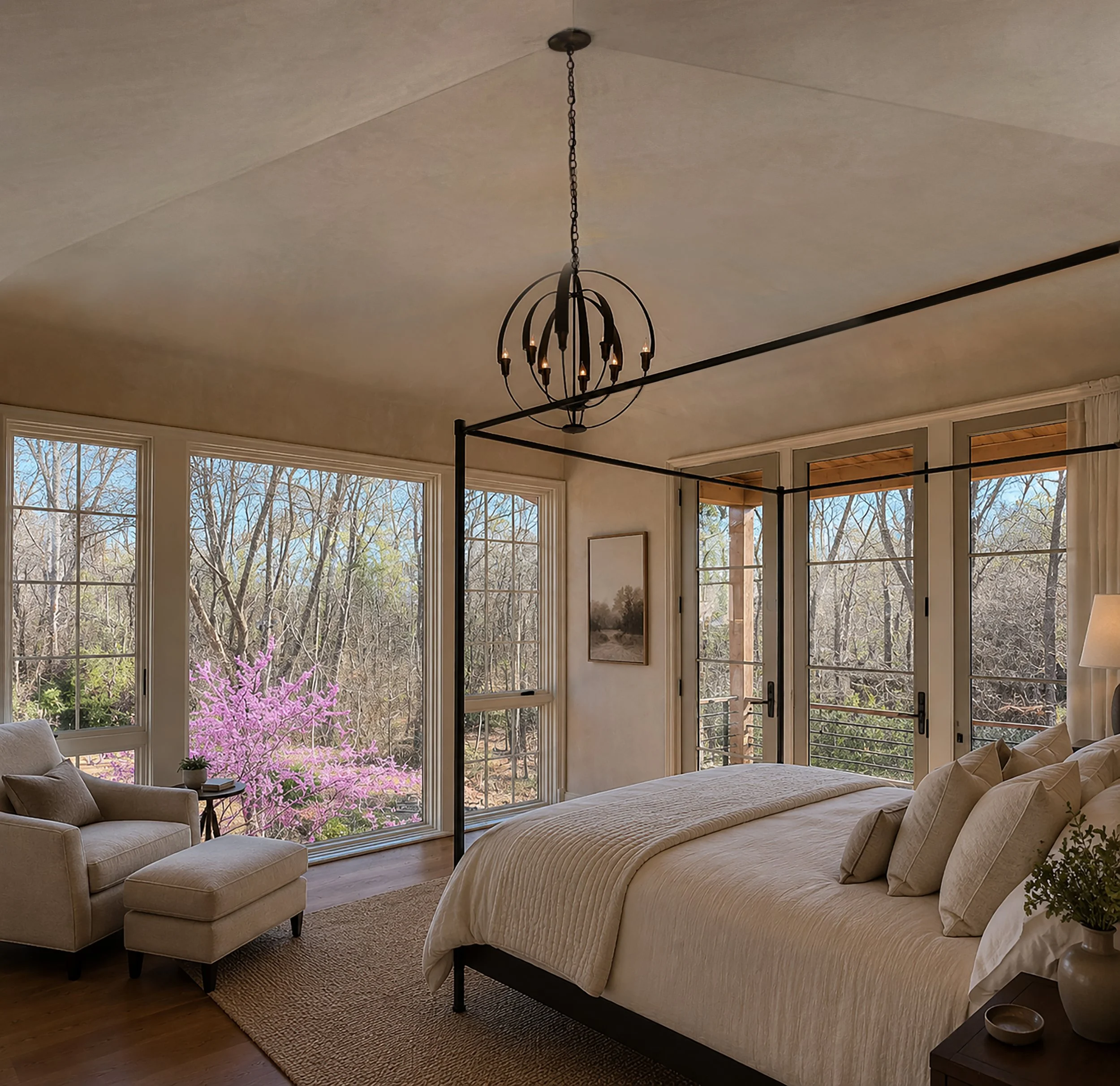 A bedroom with large windows overlooking trees. It features a beige bed, matching armchair, and a pink flowering plant by the window. There is a black chandelier hanging from the ceiling.