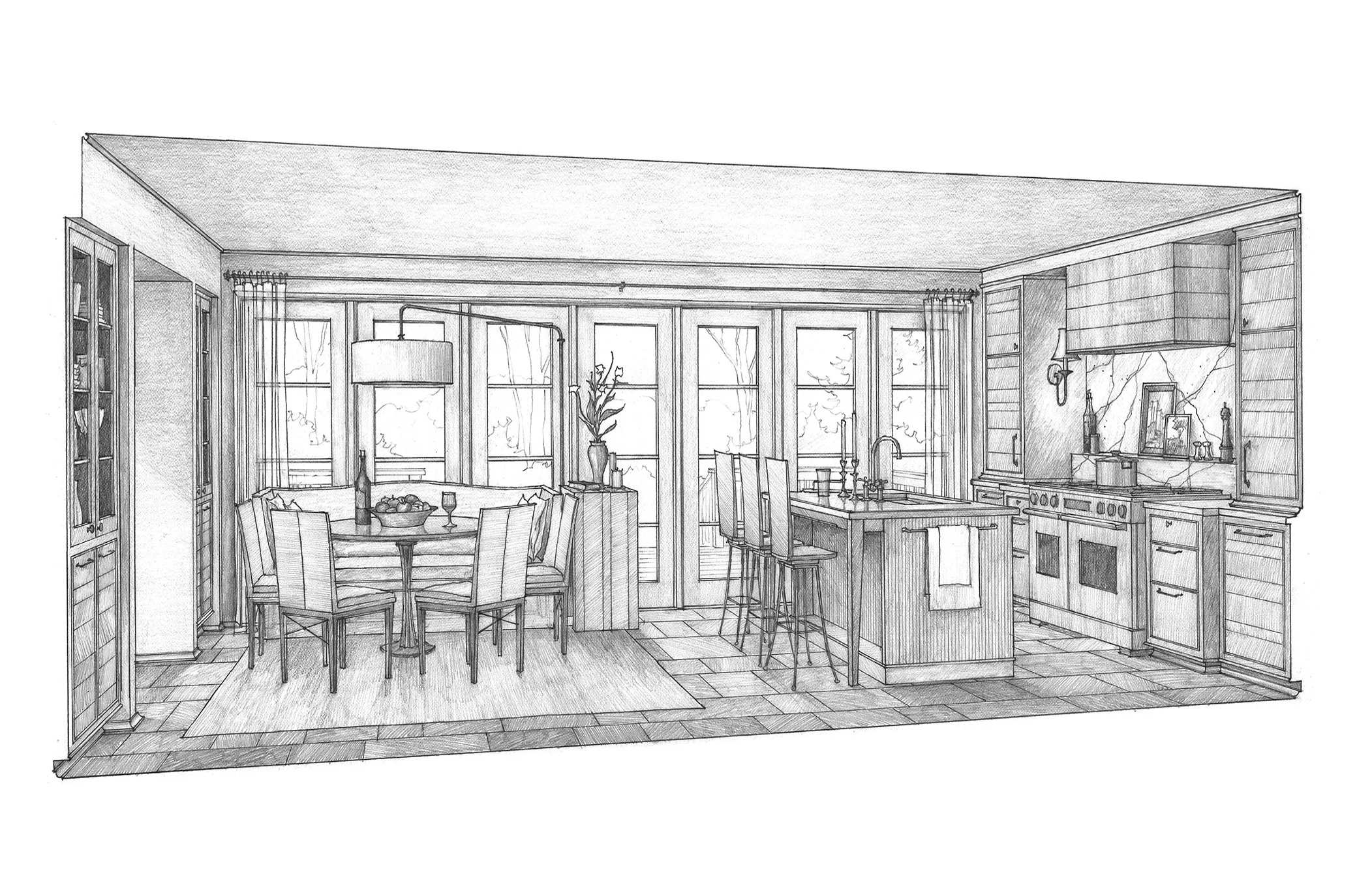 A detailed black and white sketch of a kitchen and dining area with large windows, a round dining table with chairs, and kitchen cabinets and appliances.