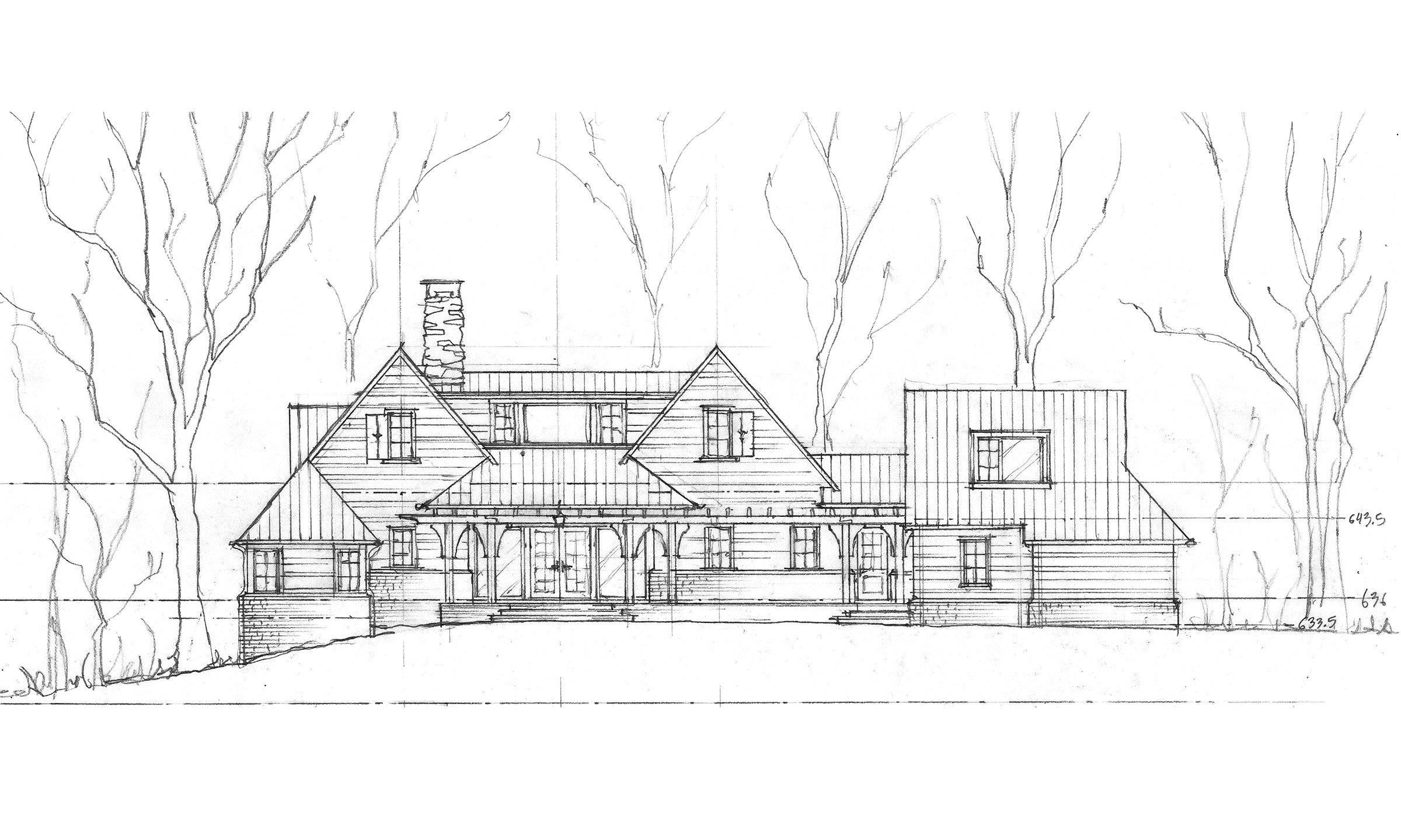 Architectural sketch of a house with a prominent chimney, multiple windows, and a porch, set against a backdrop of trees.