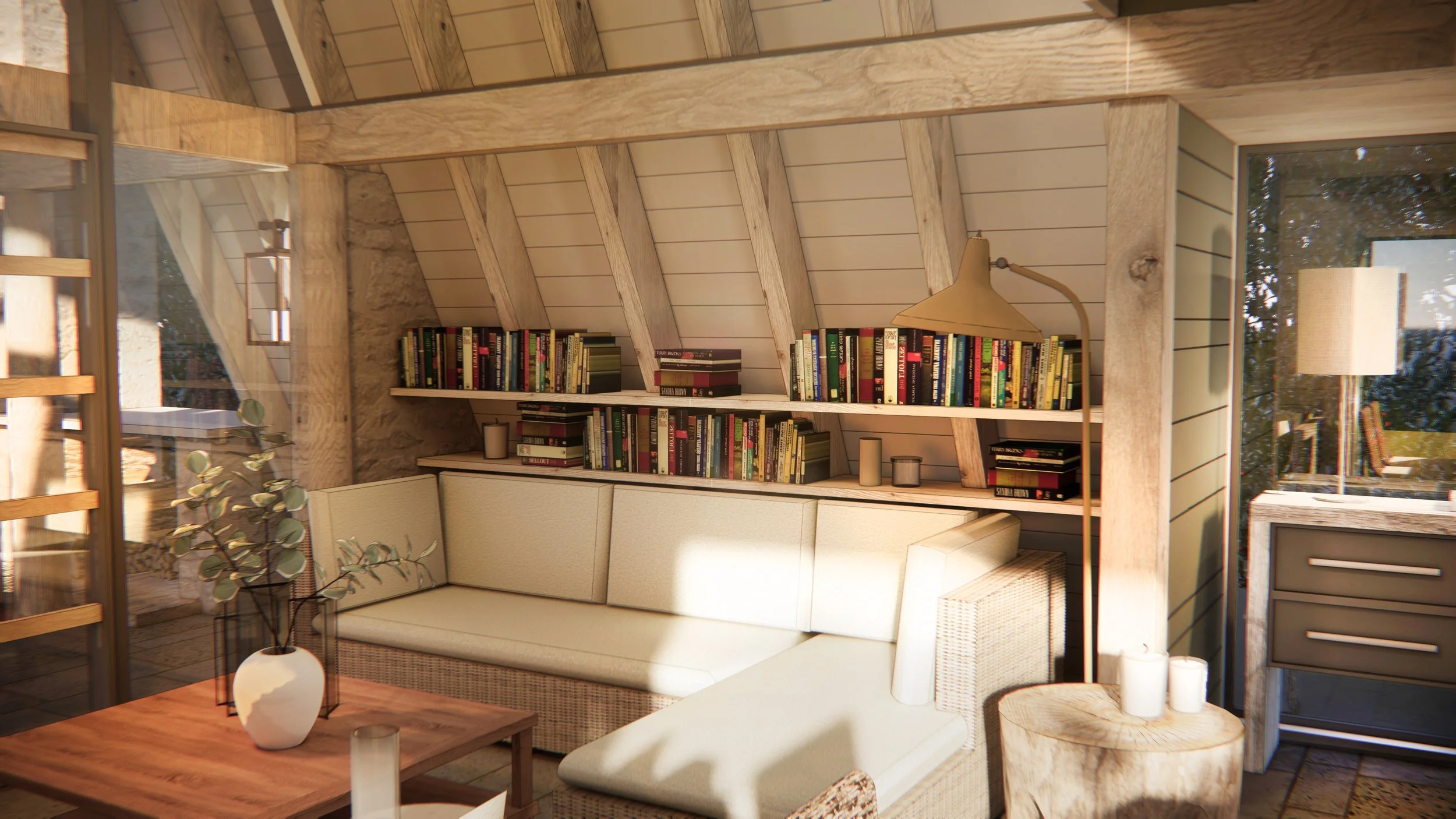 A cozy living room with a built-in bookshelf filled with books. There is a cream-colored sofa with a matching sectional, a wooden coffee table with a white vase and candles, and large windows letting in natural light. The room has wood-paneled ceilin