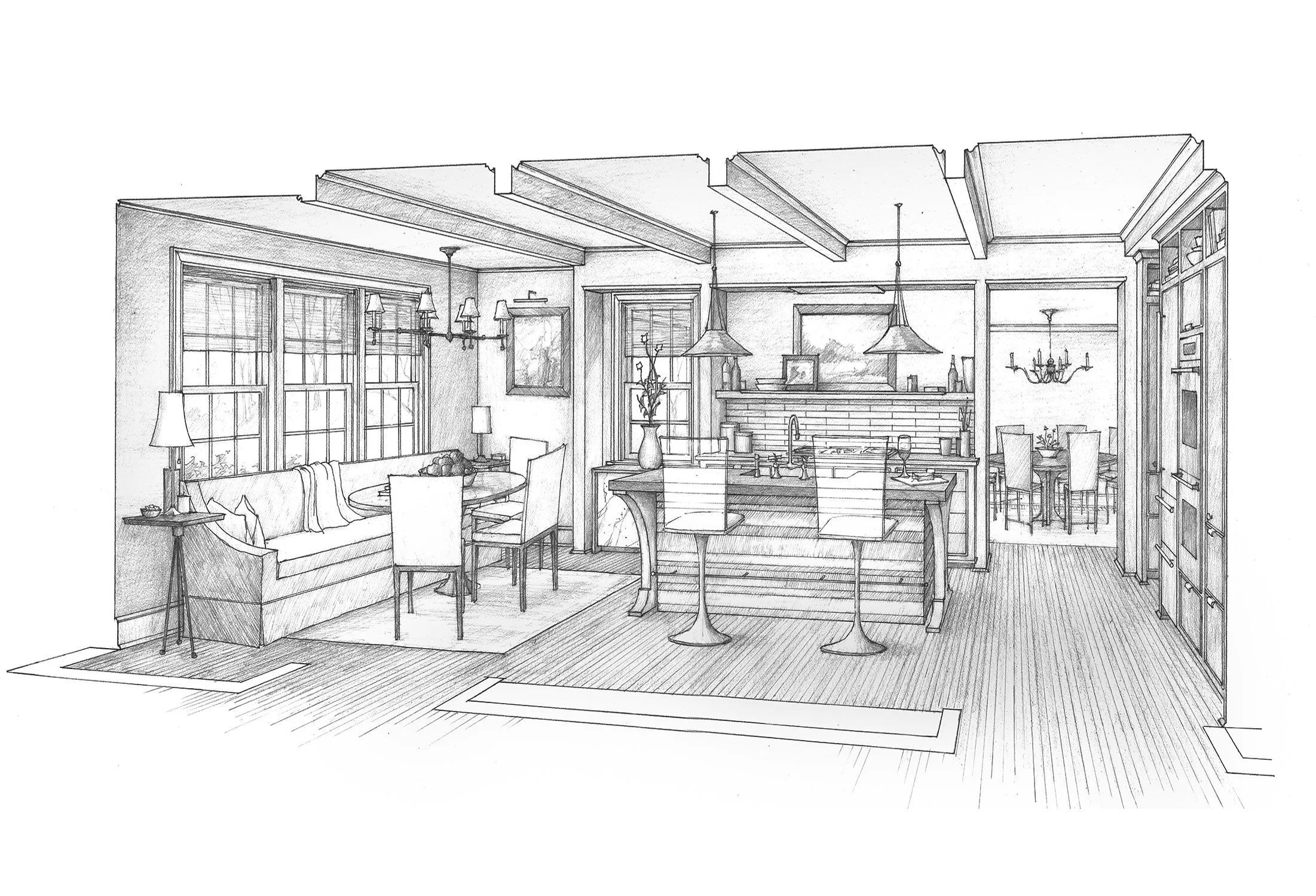 Architectural sketch of an open-concept living and dining area with large windows, a sofa, dining table, kitchen island, and hanging pendant lights.