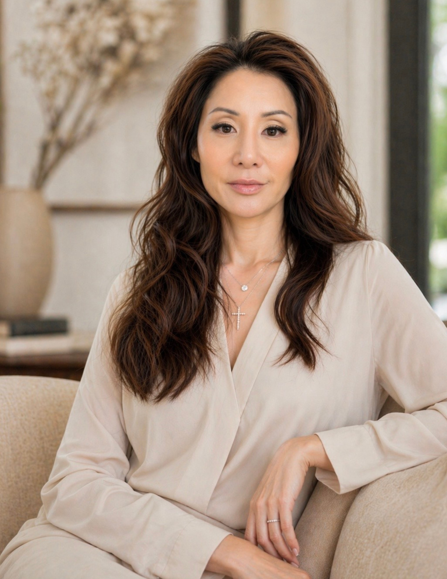 Professional portrait of the therapist seated in a cream blouse.