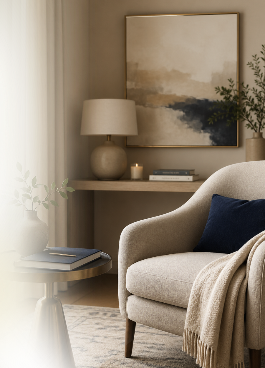 Neutral therapy office decor with navy accents