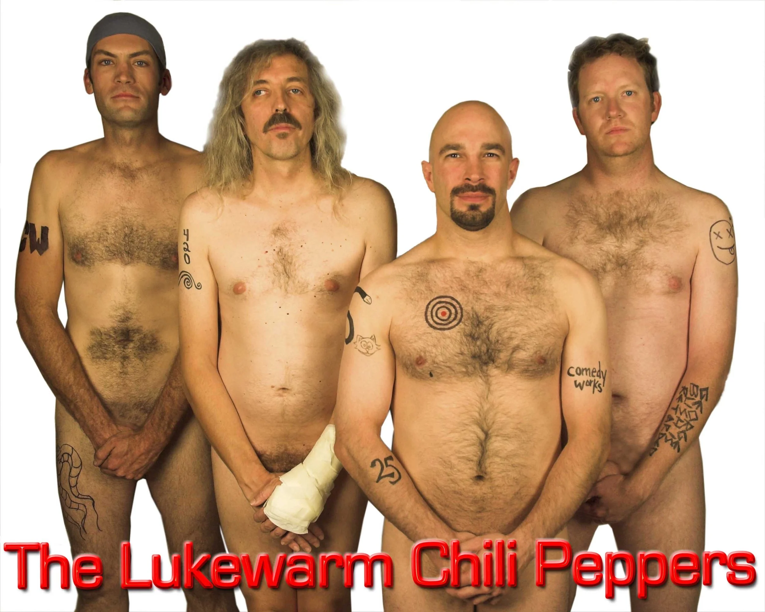 Vic Alejandro and friends recreate the Red Hot Chili Peppers June 1992 Rolling Stone magazine cover, featuring the band completely naked, shielding themselves with their hands. There is red text at the bottom reading "The Lukewarm Chili Peppers".