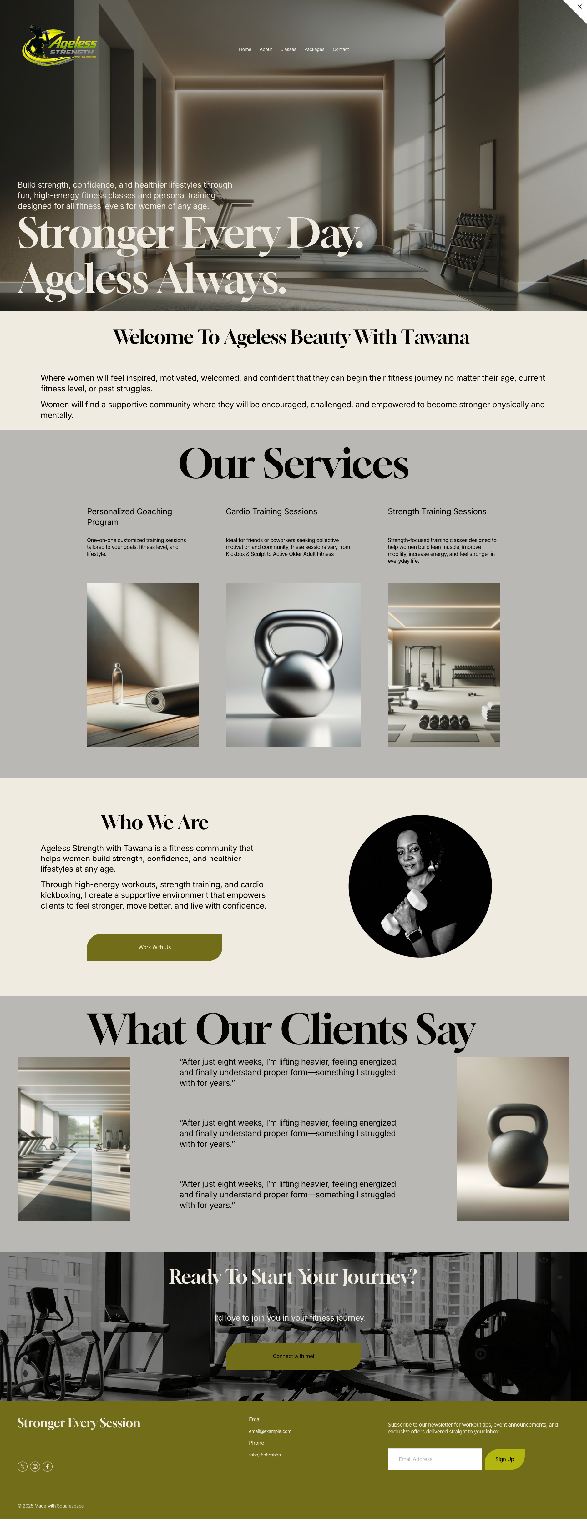 Website homepage for Ageless Strength fitness community, featuring fitness classes, services like coaching, cardio, and strength training, with images of gym equipment and a woman holding a dumbbell.