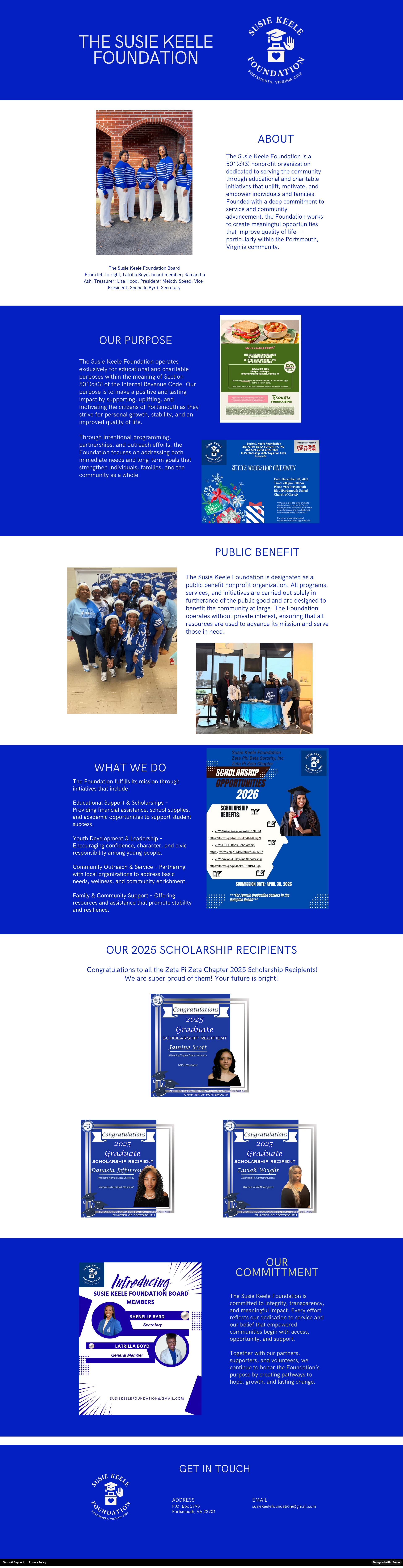 A promotional poster for the Susie Keele Foundation featuring headshots of two foundation board members, photos of community members, and information about the foundation's mission, programs, scholarships, and contact details.